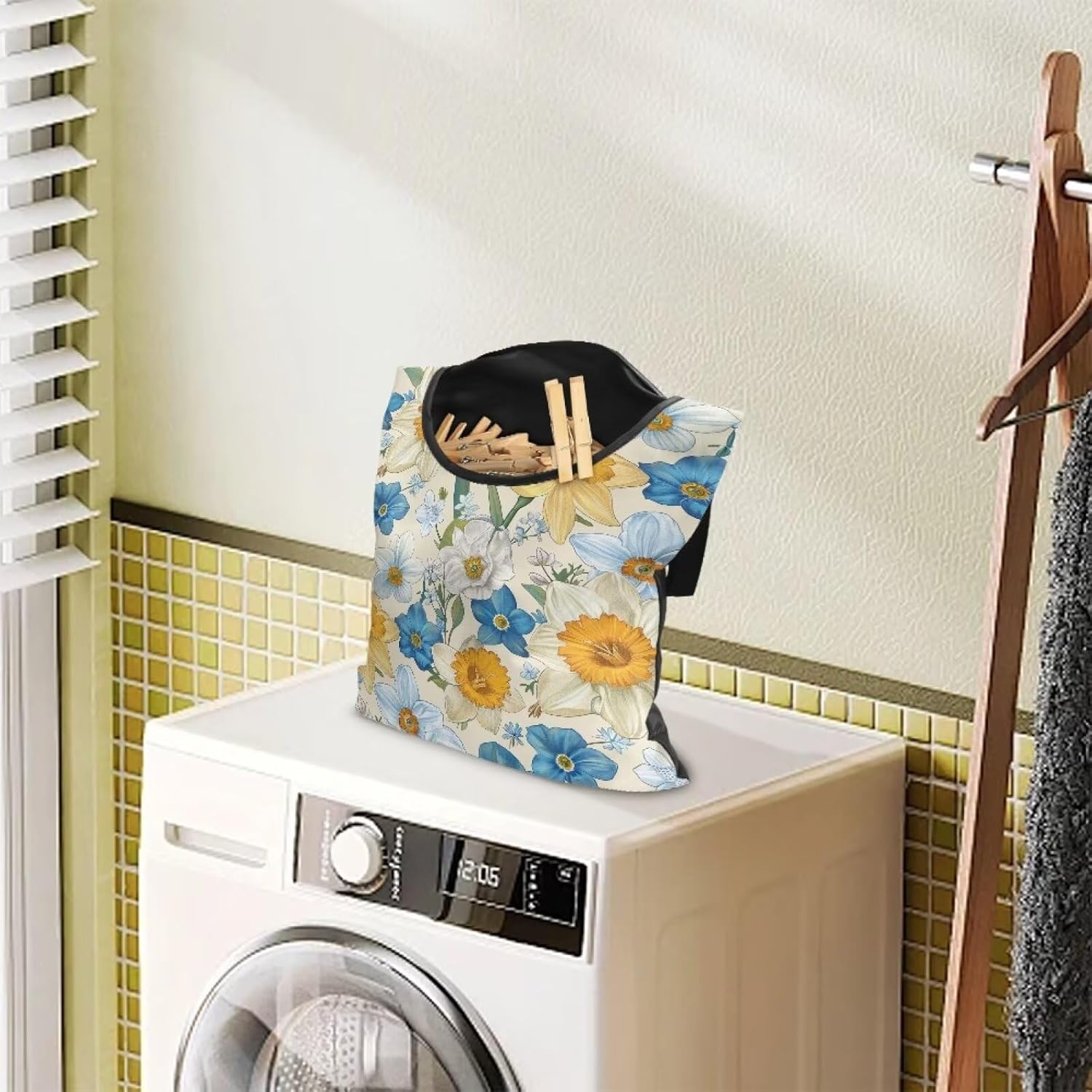Floral Clothespin Bag with Hanging Rope Daffodil 14.5 x 12 Inch Summer Waterproof Laundry Clothes Pin Holder Clothespin Storage Organizer with Large Opening