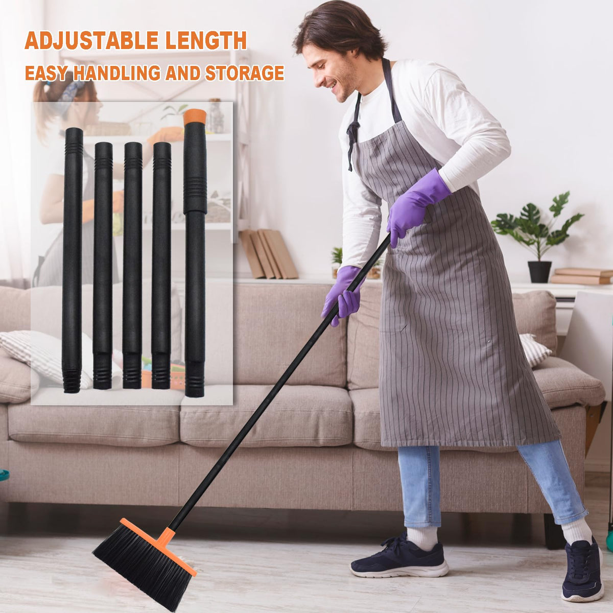 Small Broom Stiff Bristles Brush with Long Handle Indoor or Outdoor Compact Broom for Sweeping Patio Garage Garden