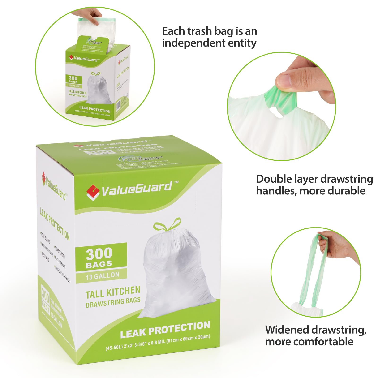 Large Trash Bag 13 Gallon Tall Drawstring 100% Post (300 Count)