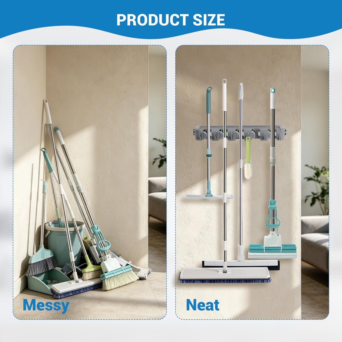 2 Pack 16 in Broom Mop Holder Garage Storage Organizer with 5 Racks 6 Hooks Adjustable Wall Mounted Storage Tool for Lanudry Garage Kitchen Garden (2 Count)