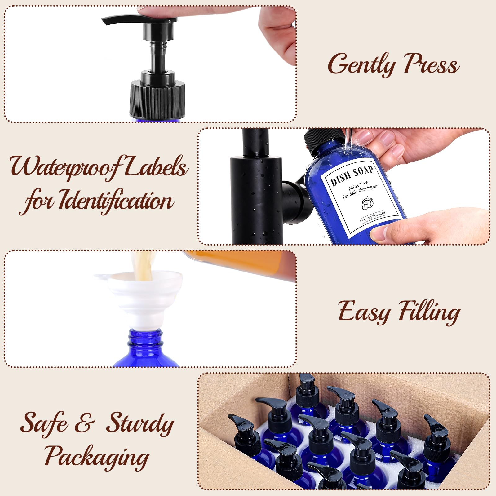 12 Pack 8oz Blue Glass Soap Dispensers with Pump (12 Count)