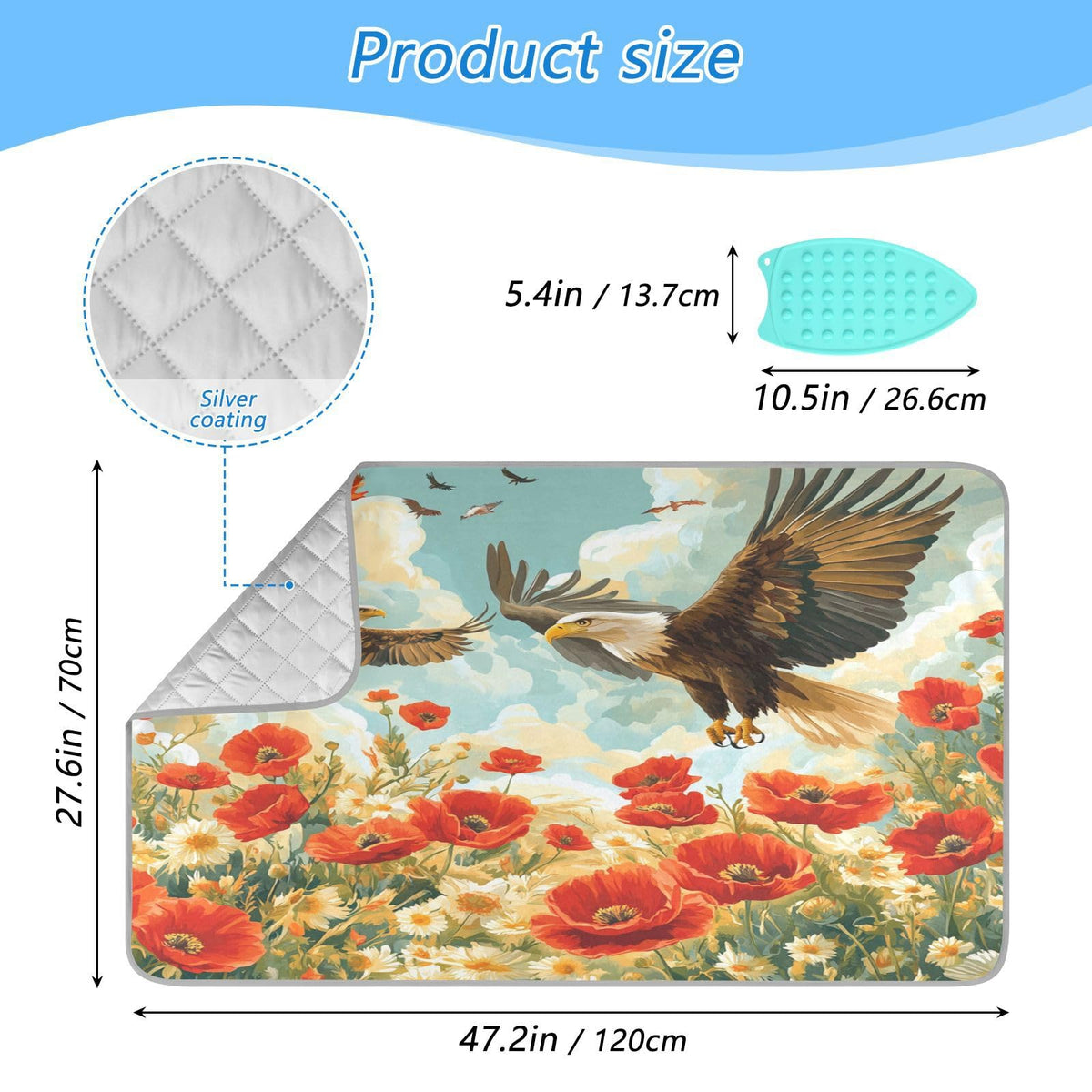 Vivid Poppy Wildflowers and Eagles Ironing Mat Thickened Ironing Blanket Travel Portable Double