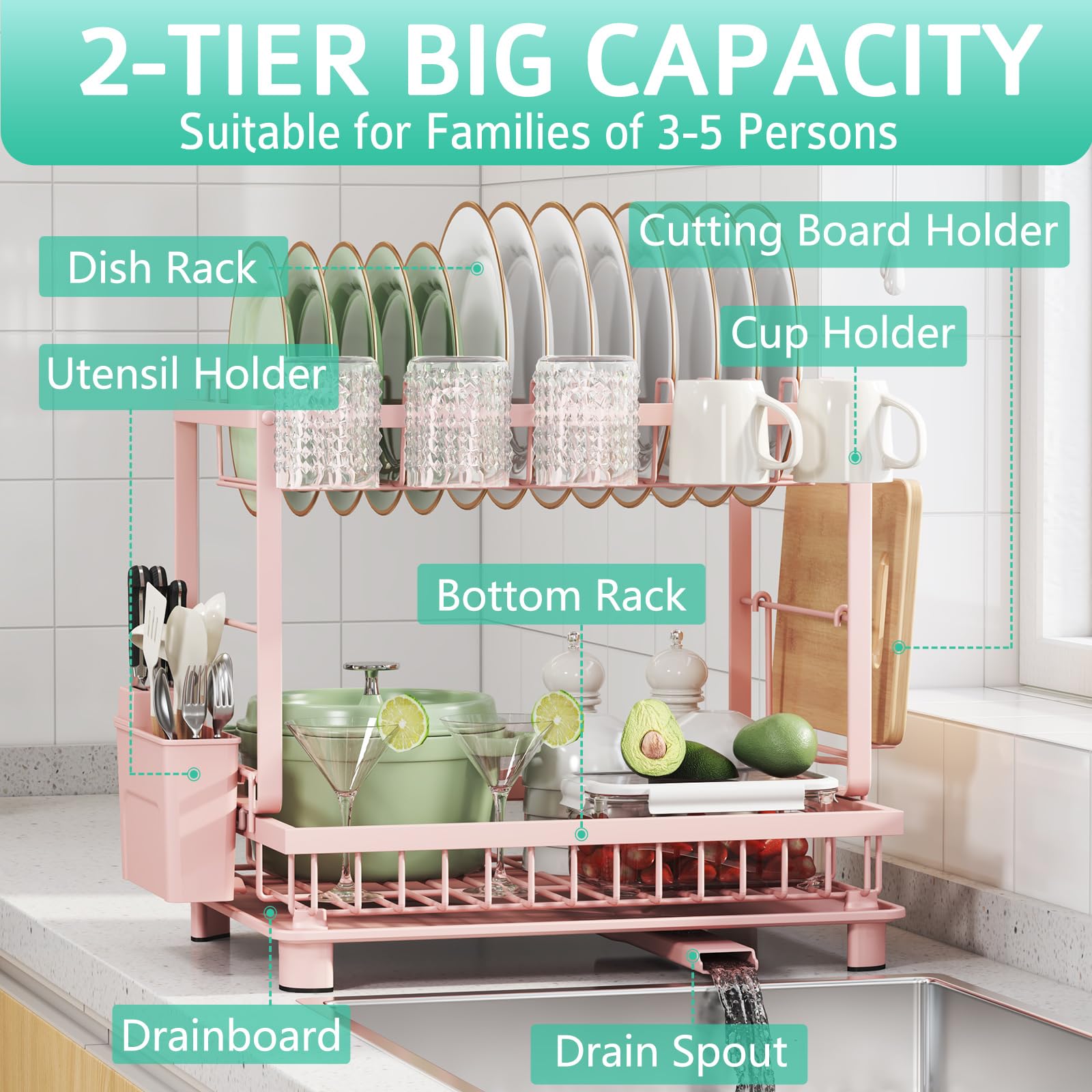 2 Tier Dish Drying Rack for Kitchen Counter