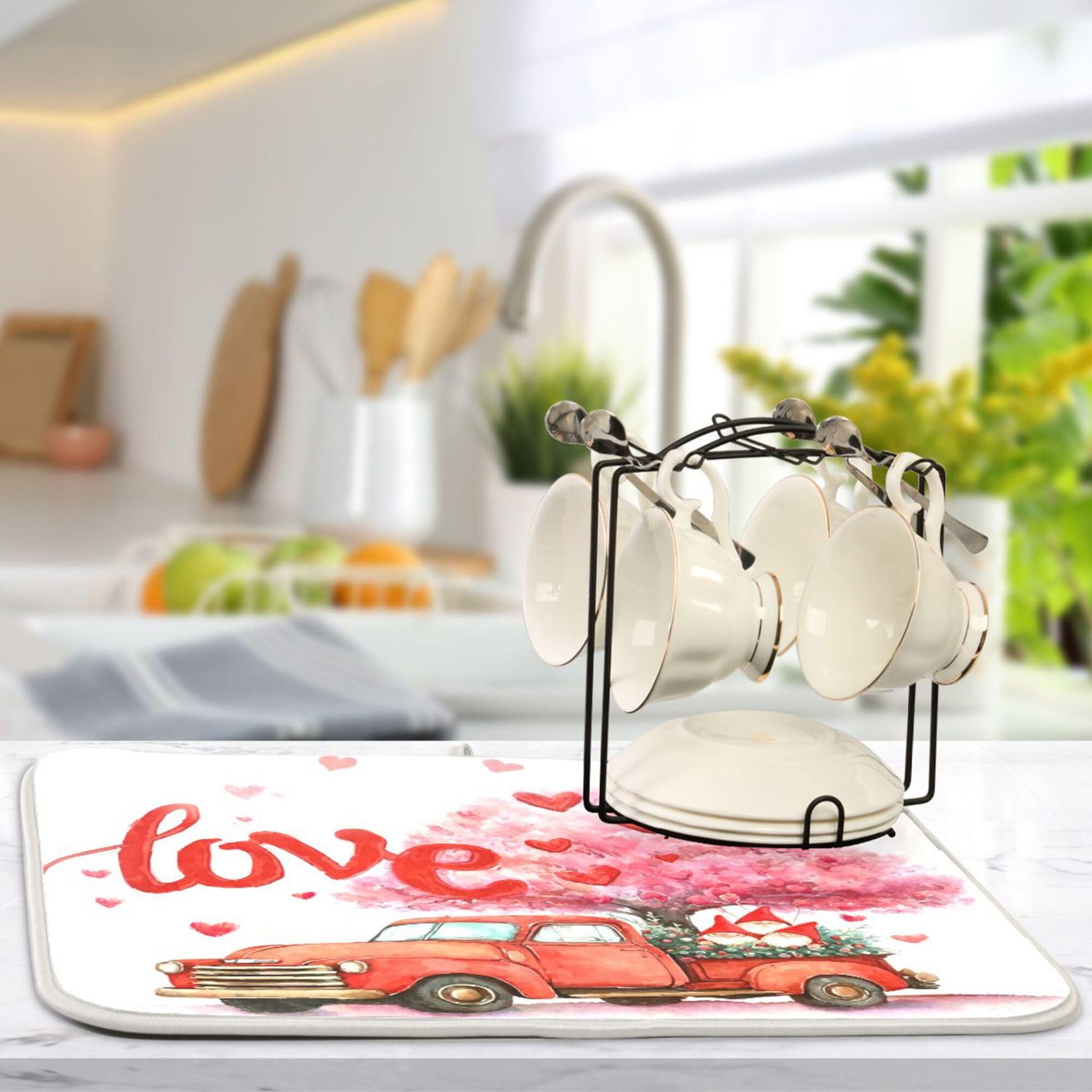 Valentine’s Day Love Tree Dish Drying Mat for Kitchen Countertop 16x18 Happy Valentines Day Gnomes White Small Drying Mat Reusable Quick Dry Dish Sink Mats Easy Clean Decorative Essentials