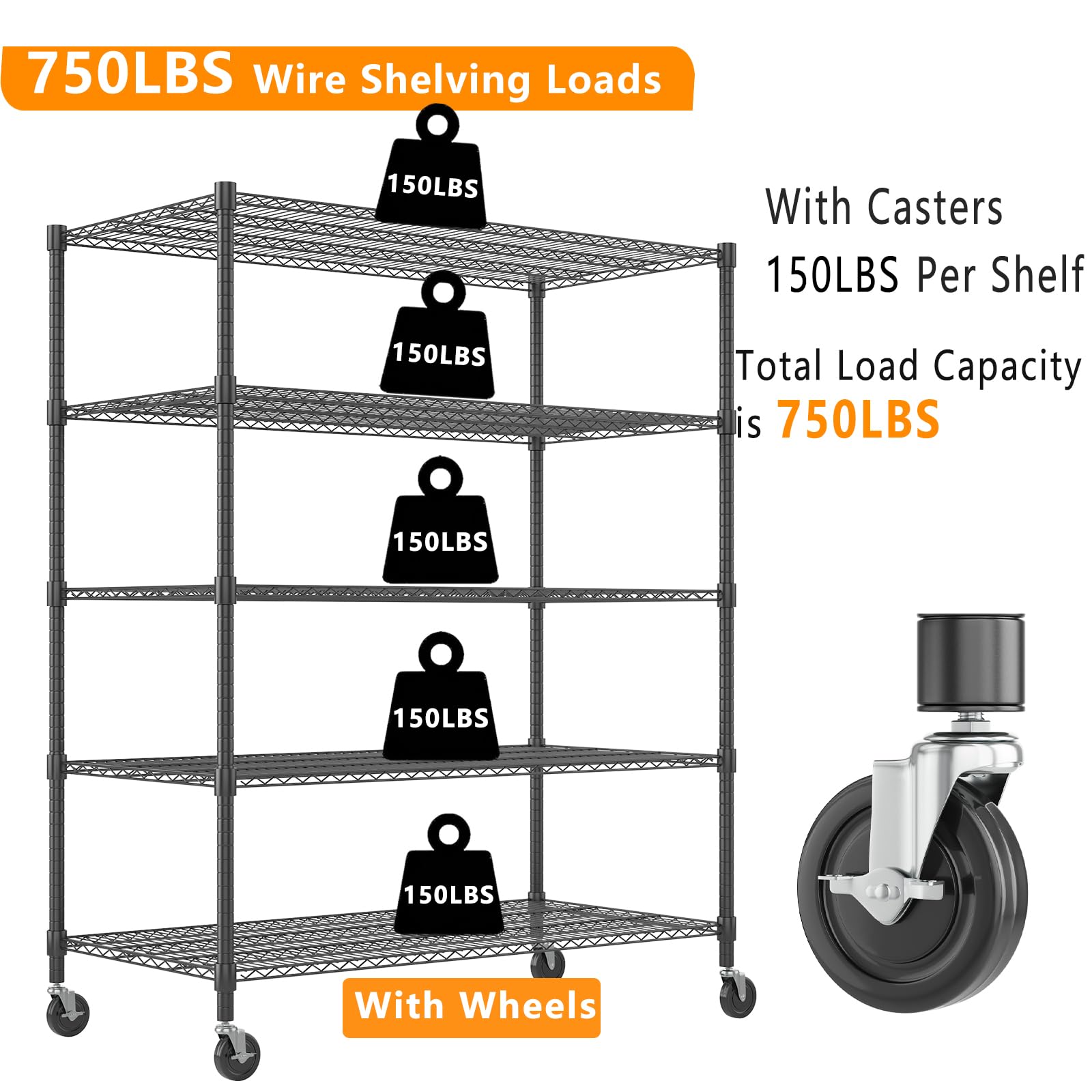 5 Tier Wire Shelving with Wheels Heavy Duty Height Adjustable Metal Shelves for Storage (5 Count)