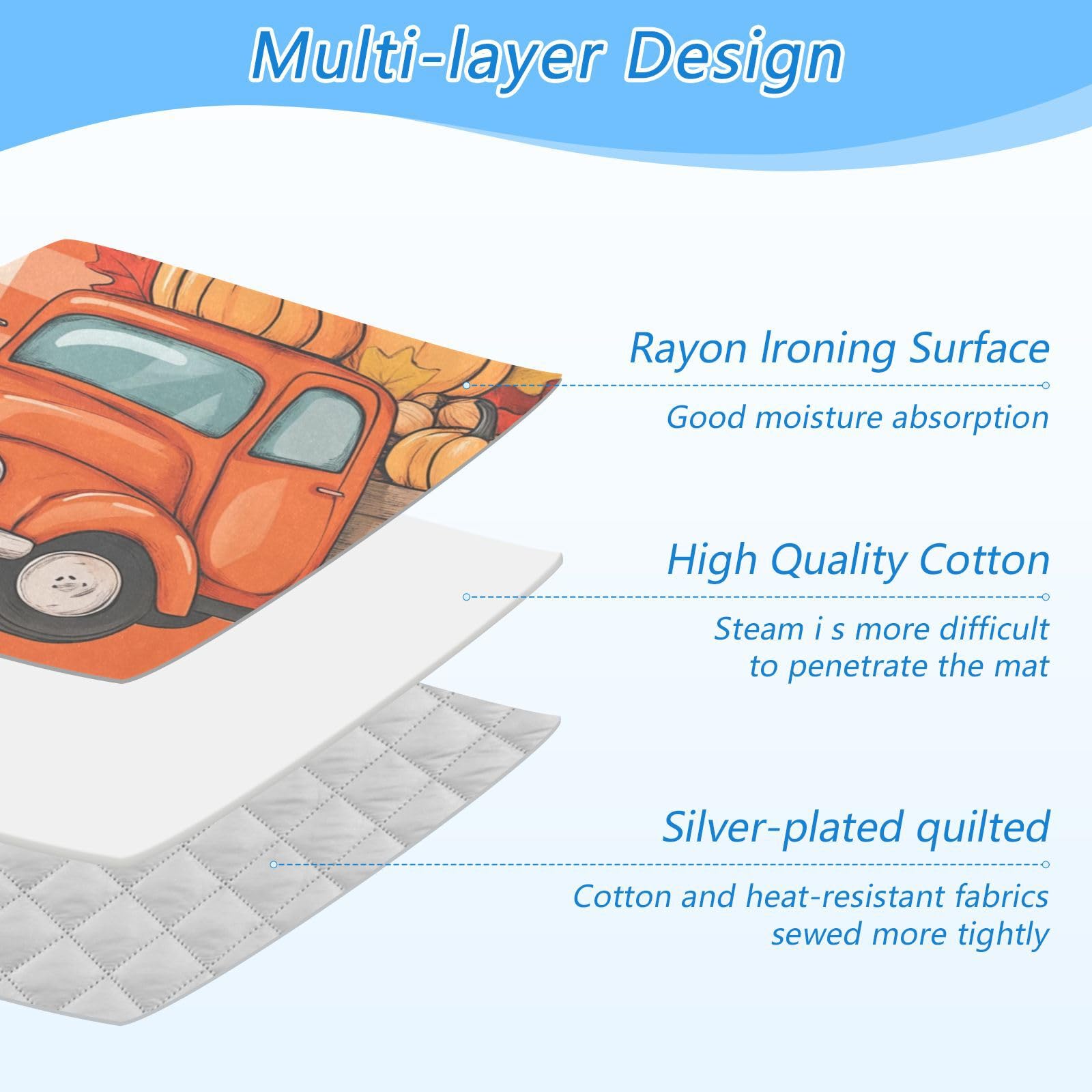 Autumn Truck Pumpkin Leaves Ironing Mat Portable Ironing Pad Blanket with Silicone Iron Rest for Table Top Travel Heat Resistant Double