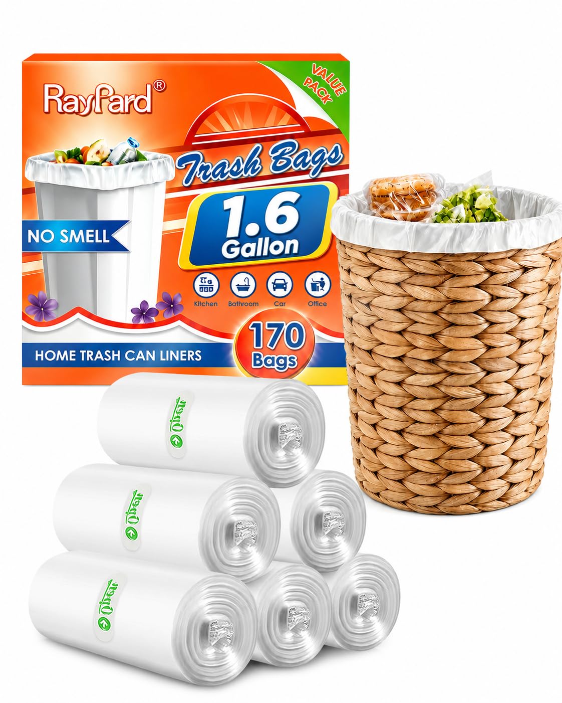 1.6 Gallon Small Trash Bags Garbage Bags by RayPard (170 Count)