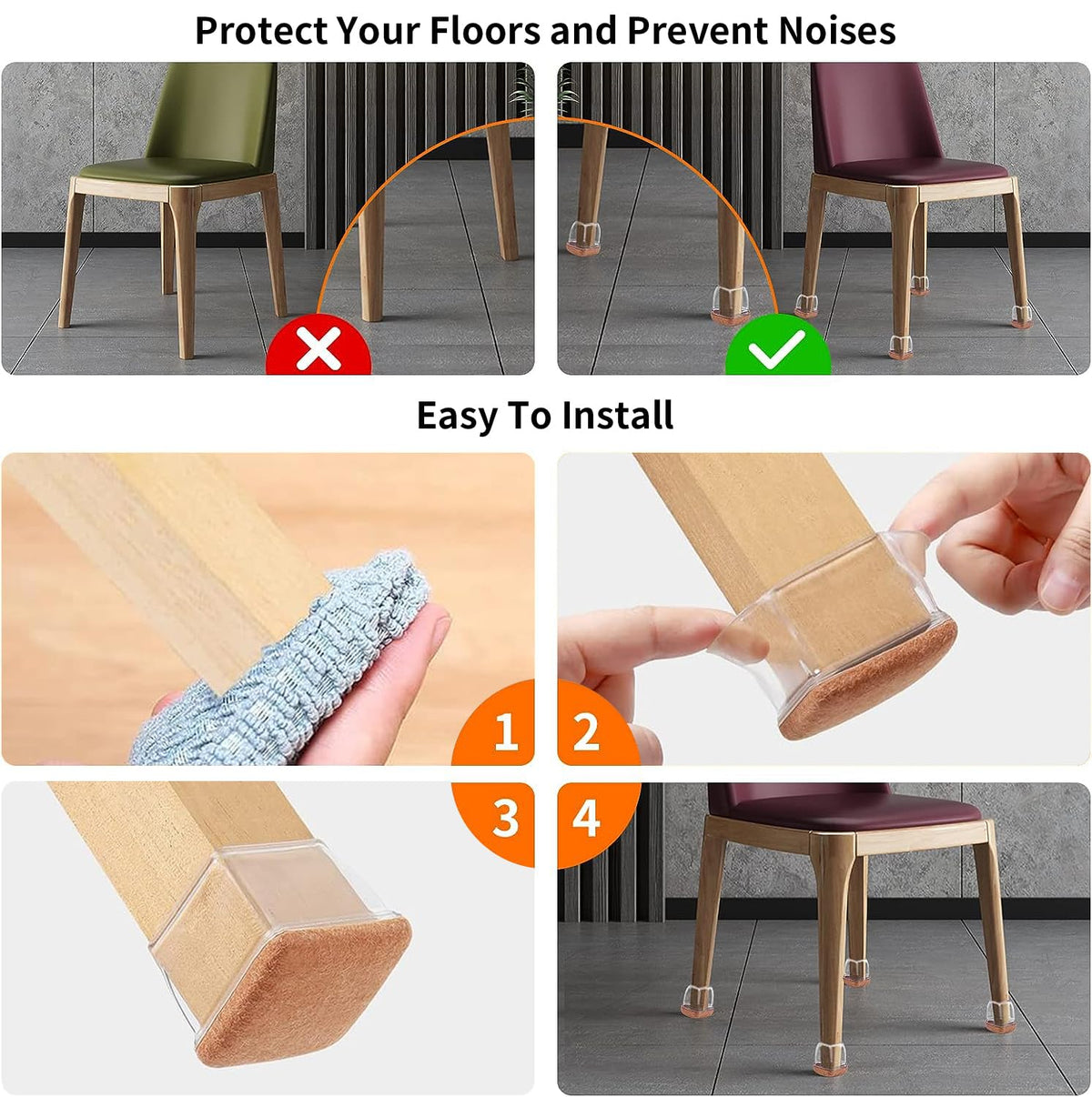 24 Pcs Clear Square Chair Leg Floor Protectors with Felt (24 Count)