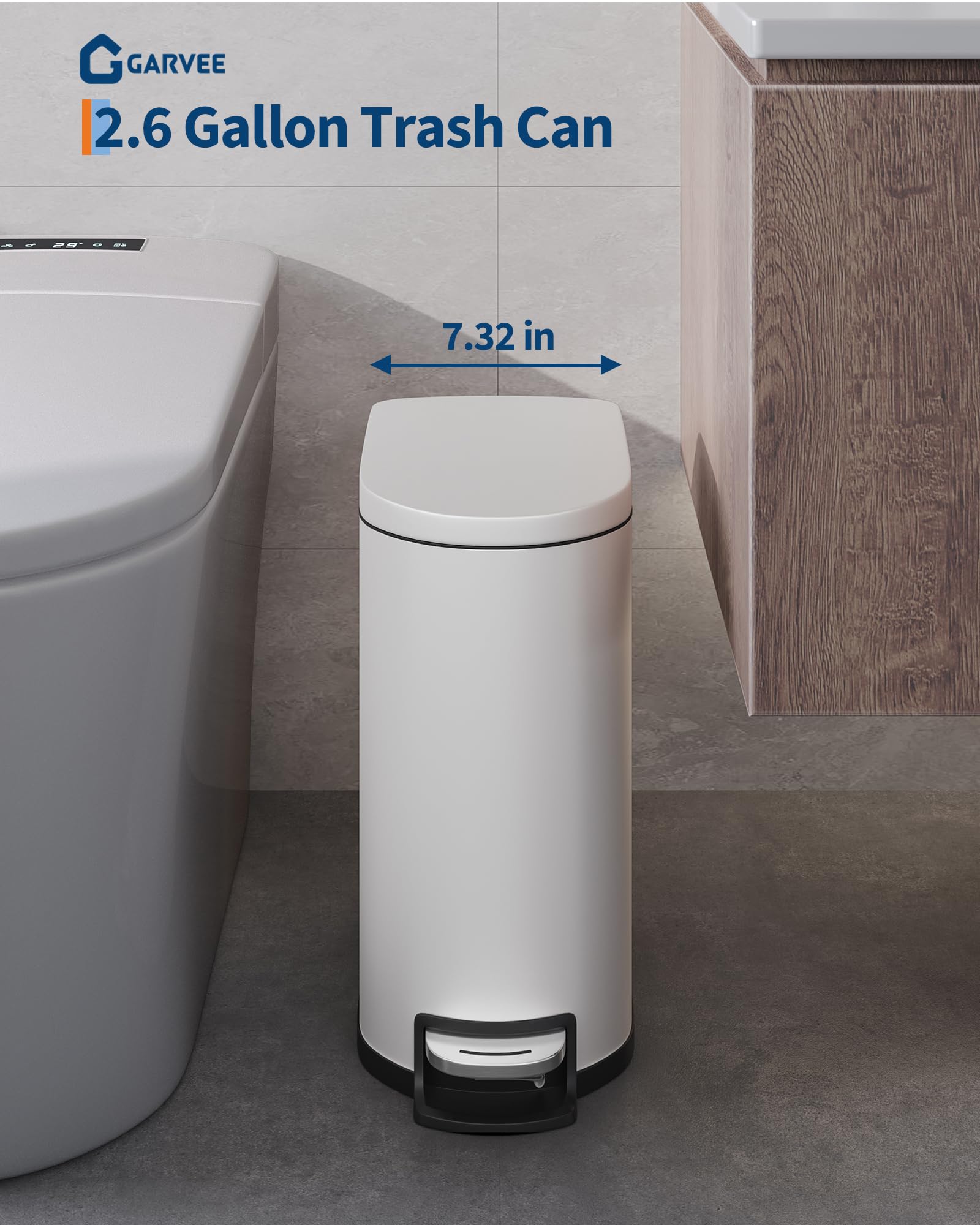 13 gal (50 L) and 2.6 gal (10 L) Metal Trash Can Combo Set, Rustproof Garbage Can with Lid, Step-on Trash Bin with Inner Bucket, Rear Handle, White