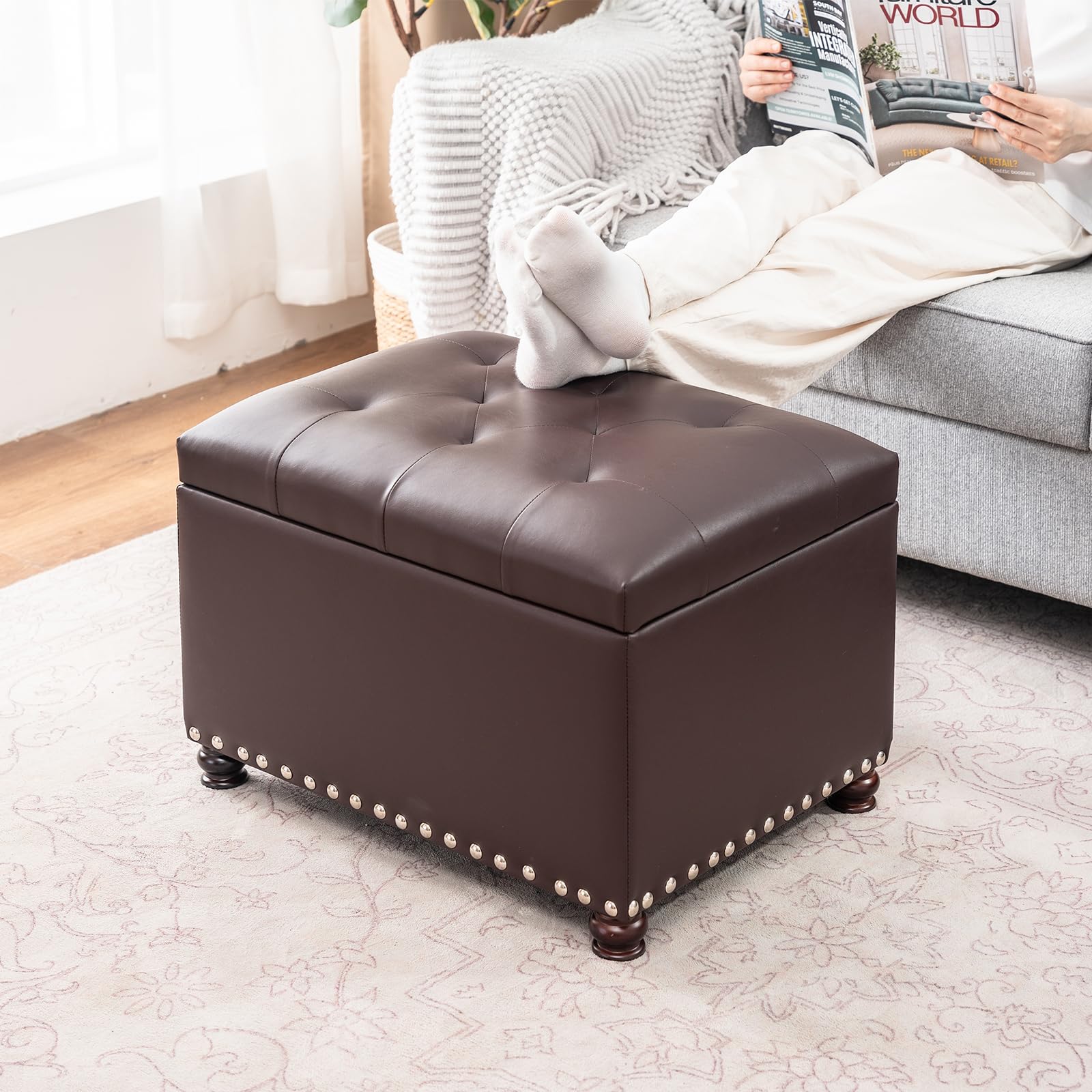 Faux Leather Storage Ottoman Bench Rectangle 24 Inch Foot Rest Ottomans