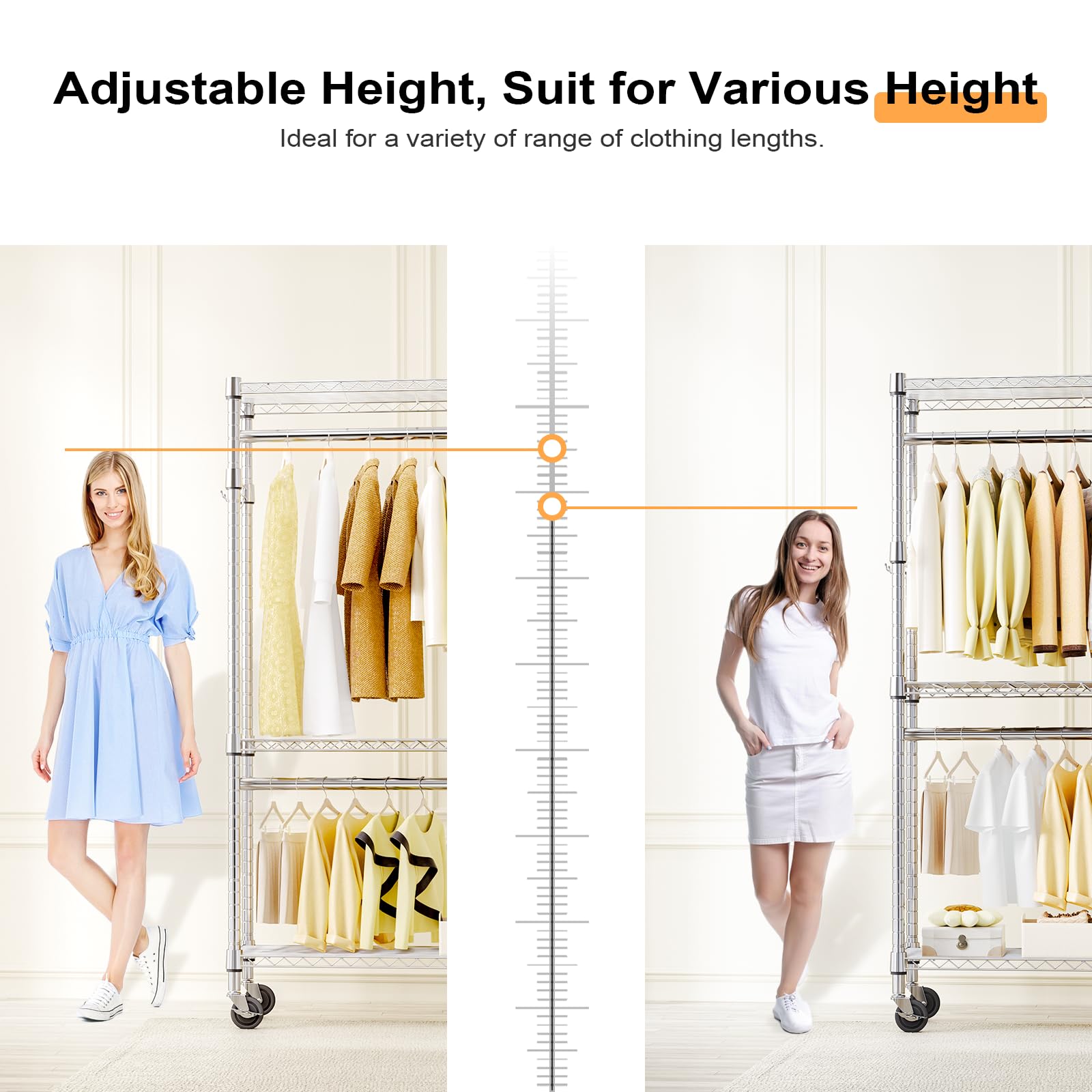 Heavy Duty Rolling Garment Rack 3 Tiers Adjustable Wire Shelving Clothes Rack with 2 Rods and Side Hooks