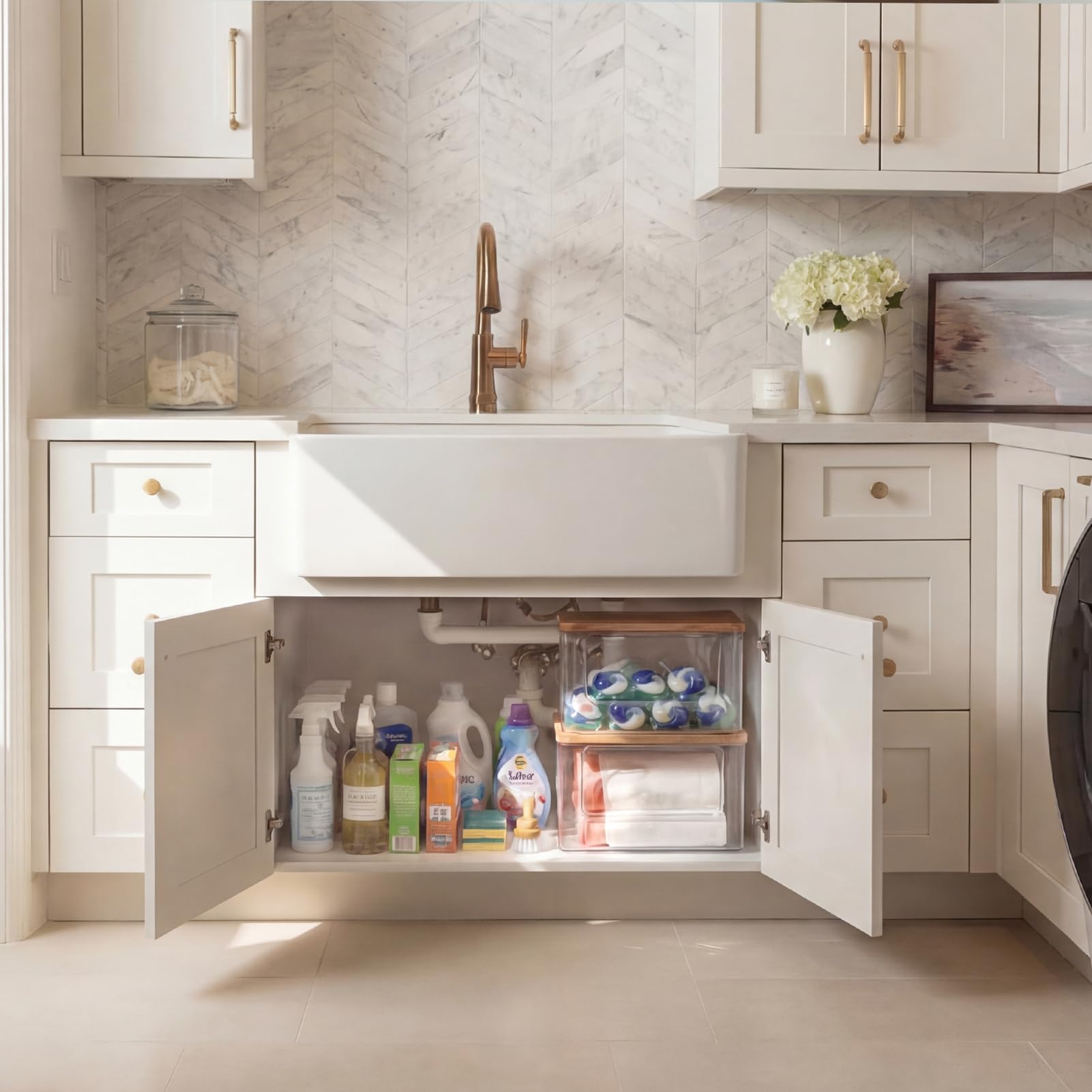 Stackable Storage with Bamboo Top for Laundry Room Organization