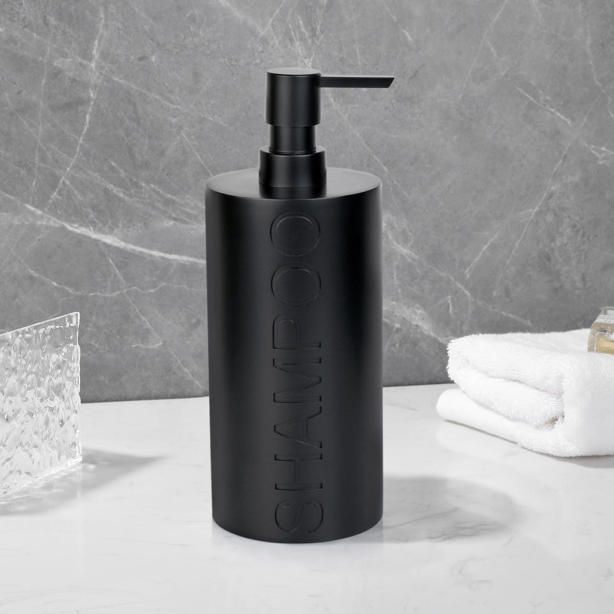 Matte Black Shampoo Dispenser Modern Refillable Pump Bottle with Embossed Text