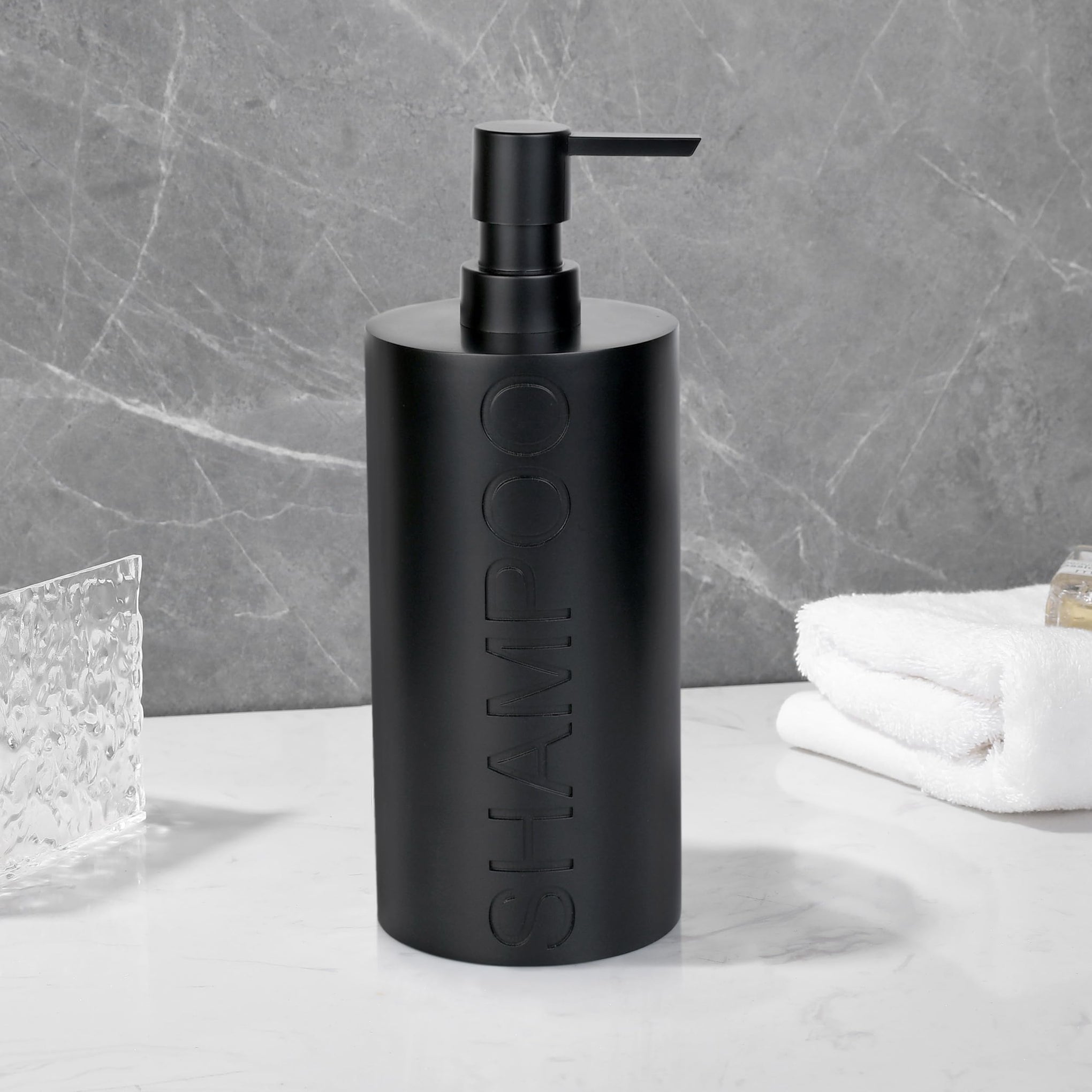 Matte Black Shampoo Dispenser Modern Refillable Pump Bottle with Embossed Text