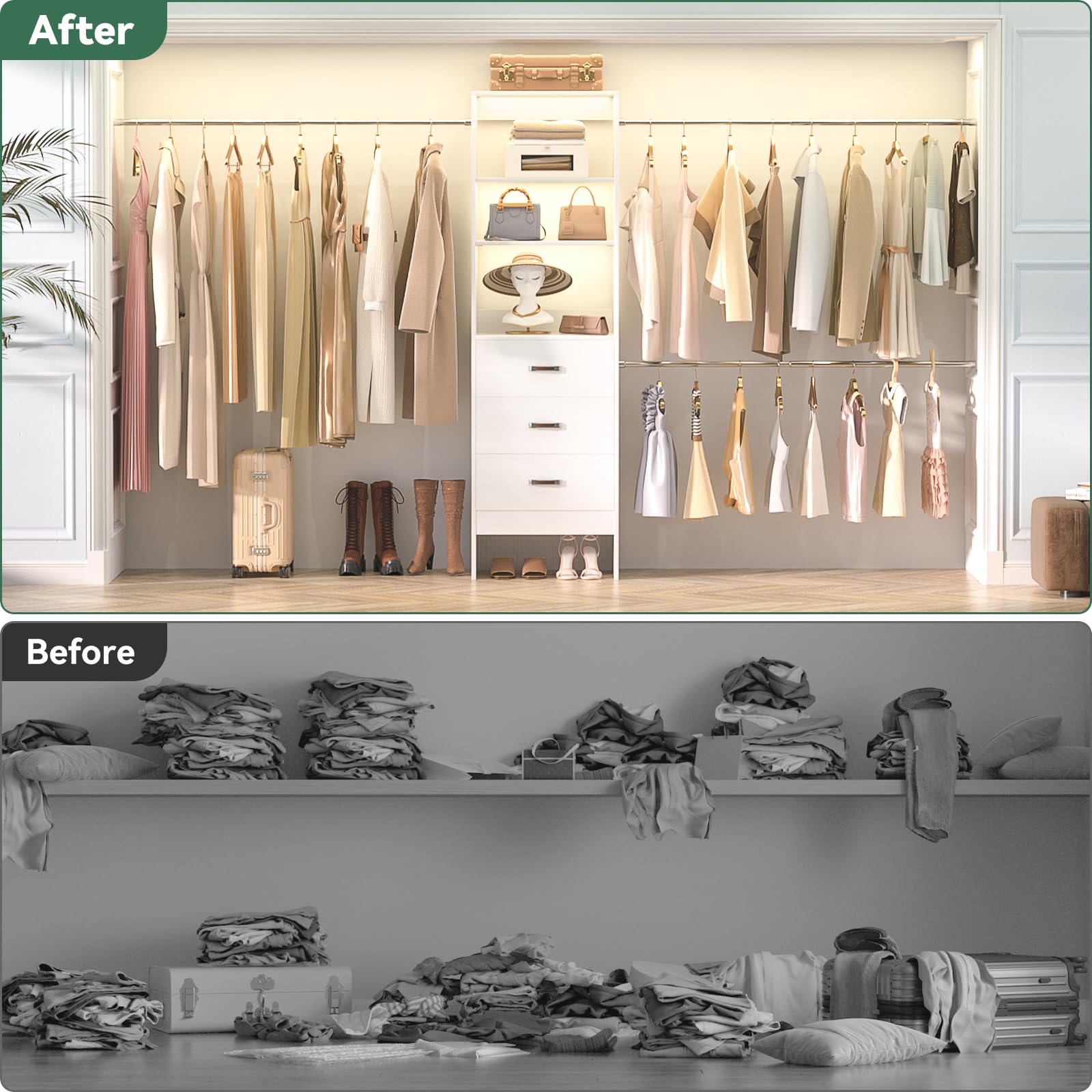 96'' Closet Organizer System with 3 Hanging Rods