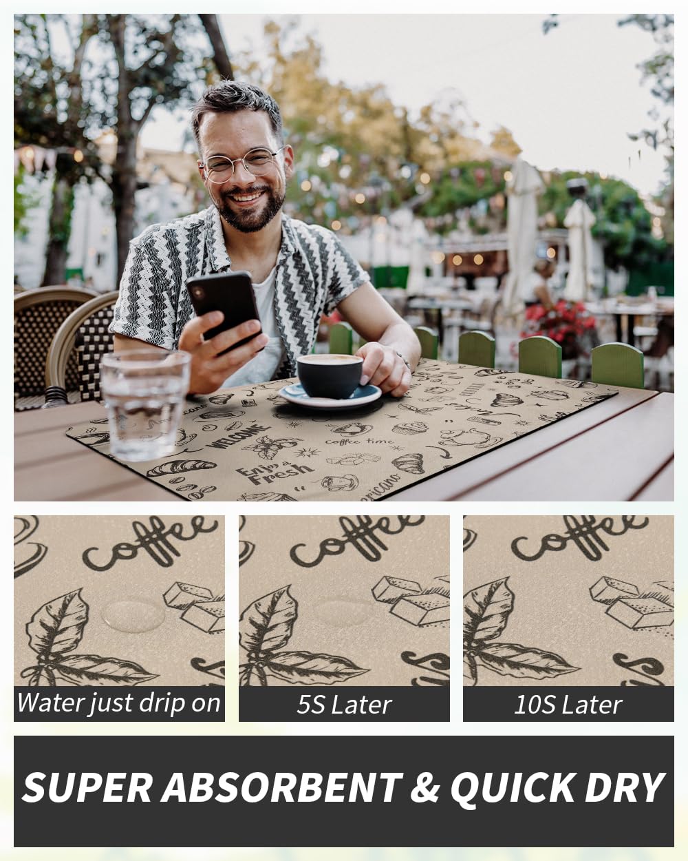 Coffee Mat Hide Stain Rubber Backed Absorbent Dish Drying Mat for Kitchen Counter