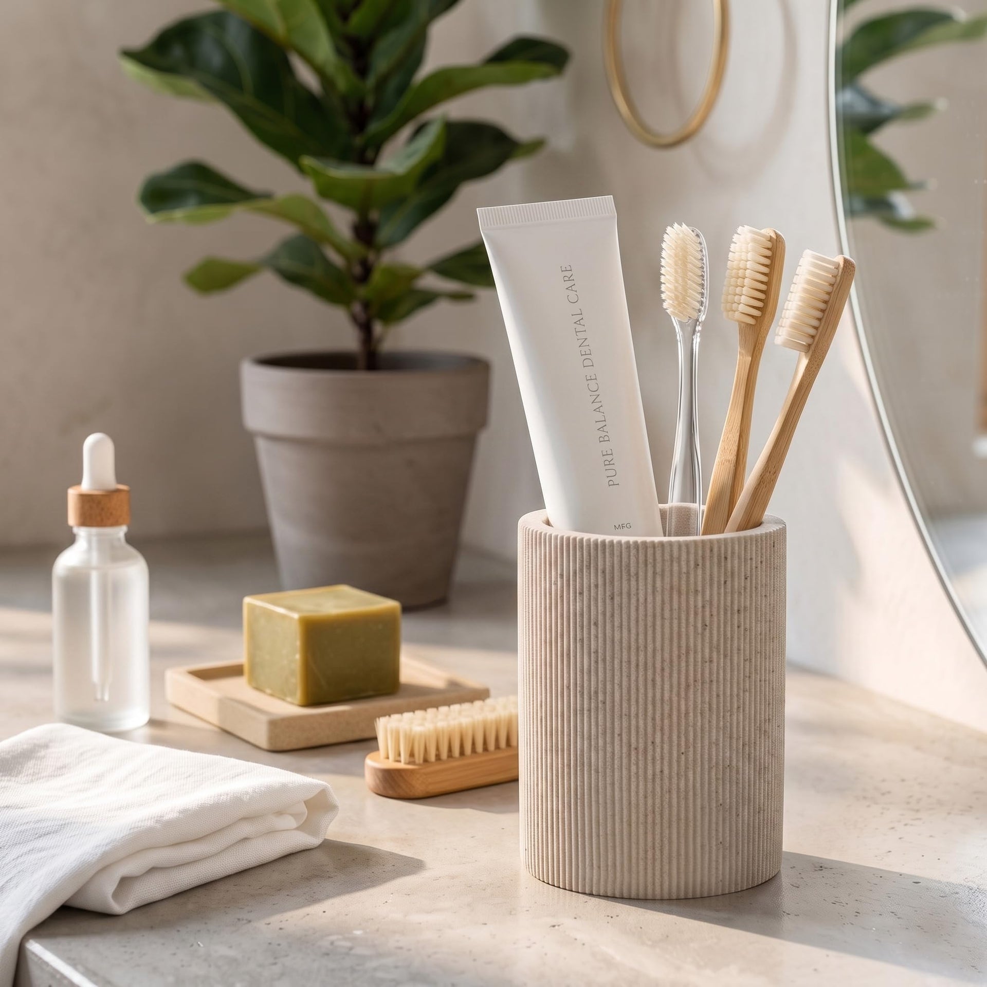 Tall Sand Beige Toothbrush Holder for Bathroom Countertop
