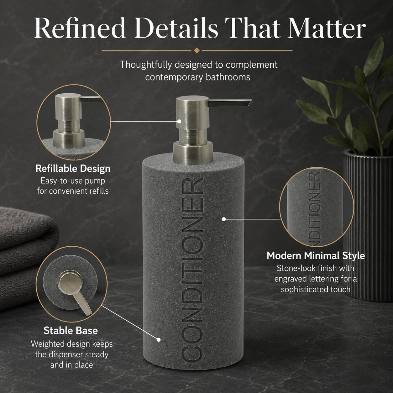 Resin Neutral Gray Sandstone Conditioner Engraved Bottle Refillable Pump Dispenser