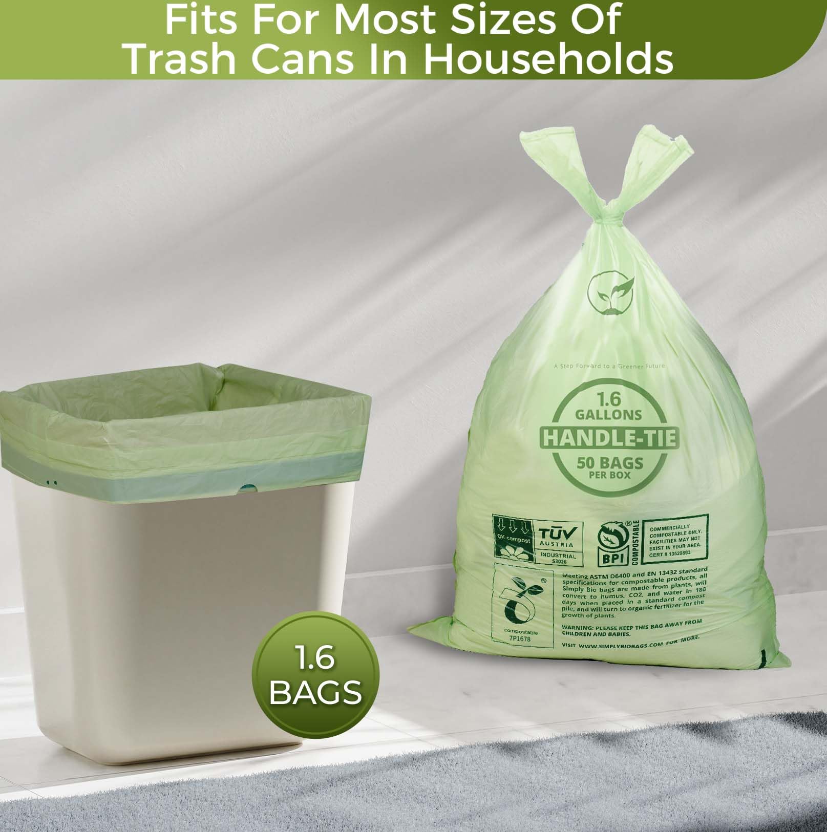 1.6 Gallon Compostable Trash Bags Drawstring (50 Count)