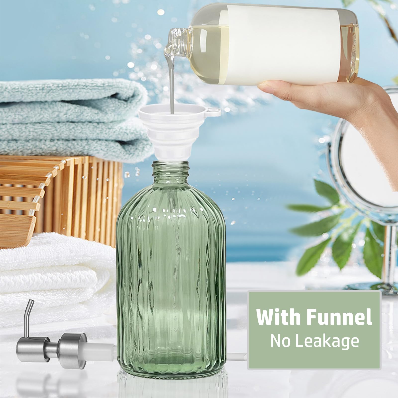 14Oz Green Glass Soap Dispenser Bathroom