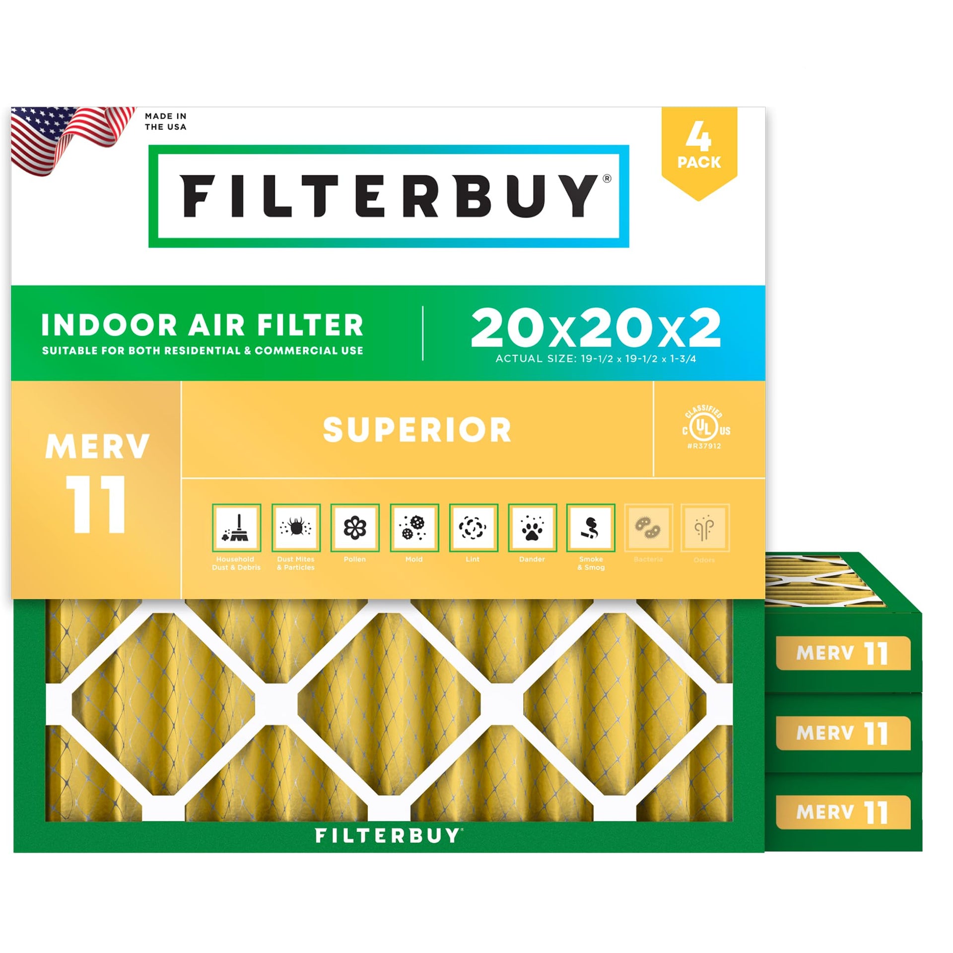 20x20x2 Air Filter MERV 11 Pet & Allergy Defense (4 Count)