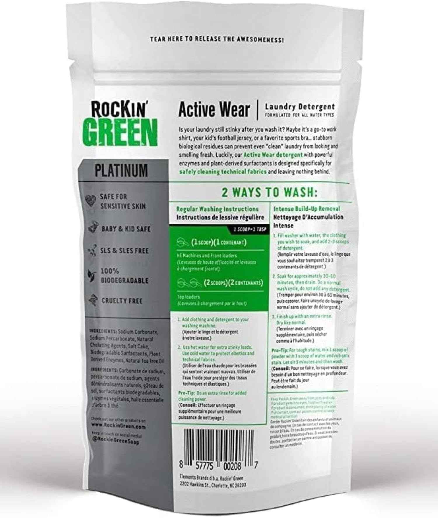 Active Wear Laundry Detergent Powder & Odor Eliminator for Sportswear & Workout Clothes (45 Ounce)