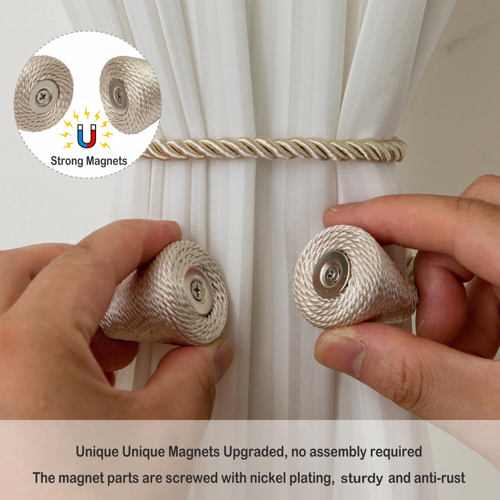 Magnetic Curtain Tiebacks 6 Pack Outdoor Rope Curtain Tie Backs Decorative Window Treatment Holdbacks for Home Decorative Curtain (6 Count)