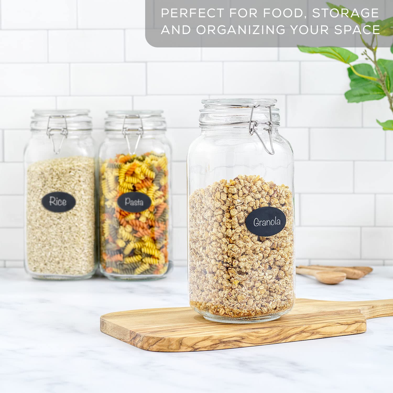 Airtight Glass Jars with Lids Set of 3. 78oz Glass Jar with Lid and 6 Silicone Seals! Large Glass Food Storage Containers. Square Mason Jar (3 Count)