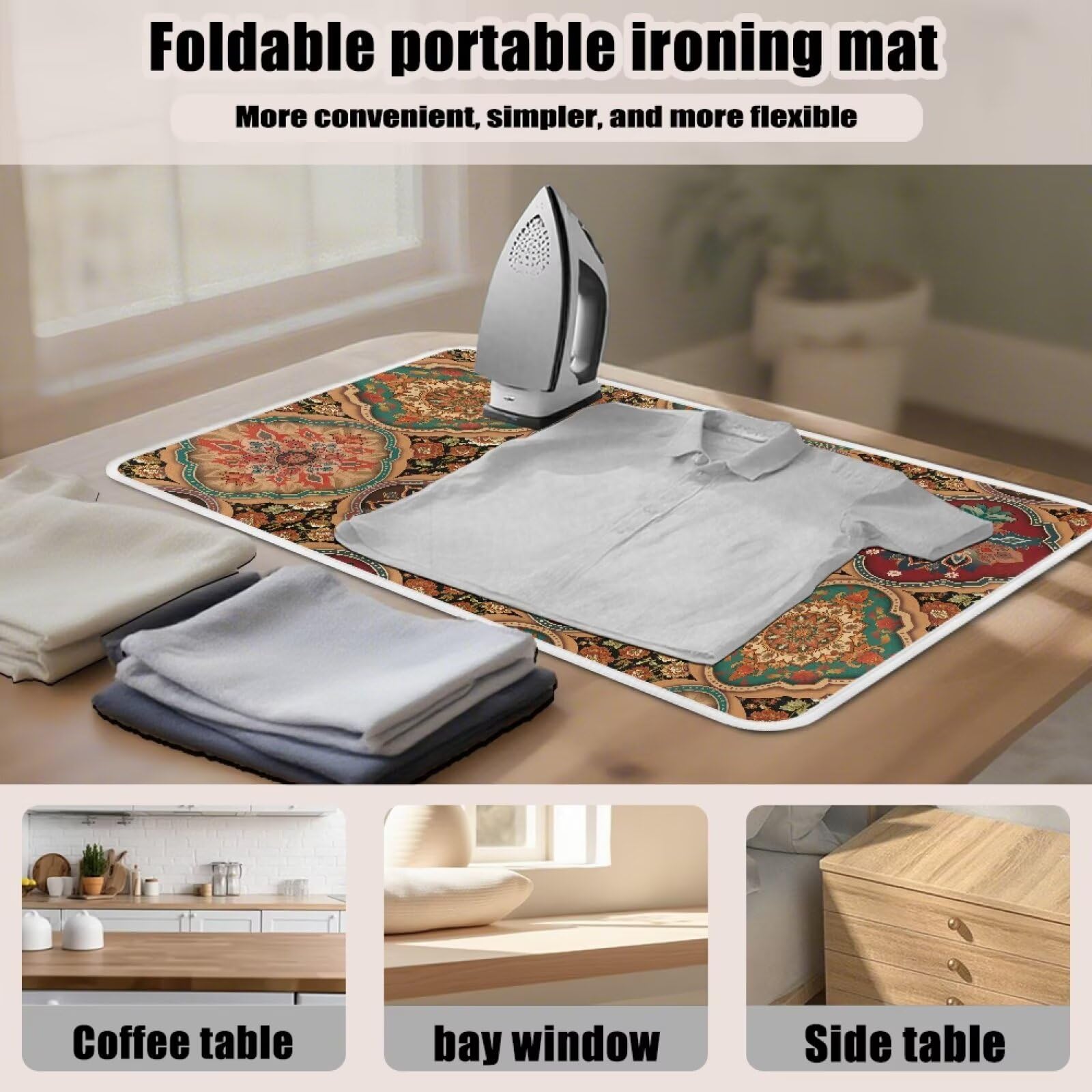 Folding Ironing Mat Heat and Steam Resistant Mandala Ironing Pad 32 x 16 Inch Foldable Iron Mat for Table Top Washer