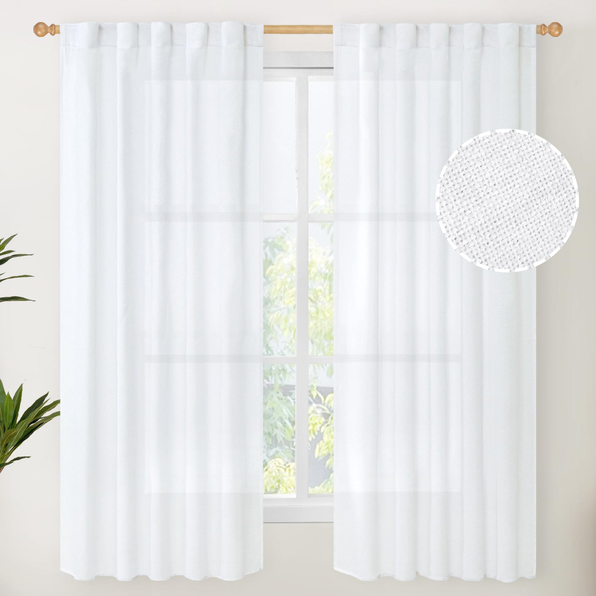 White Linen Semi Sheer Curtains 42X63 Inch Length 2 Panels (2 Count)