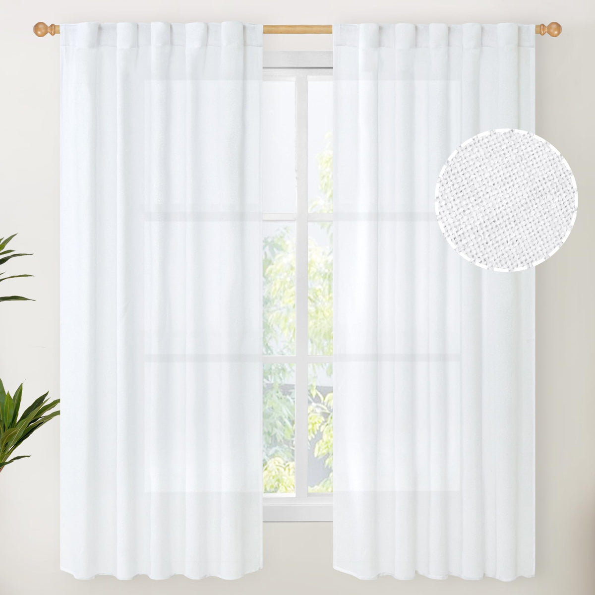 White Linen Curtains 63 Inch Length for Short Living Room Window (2 Count)