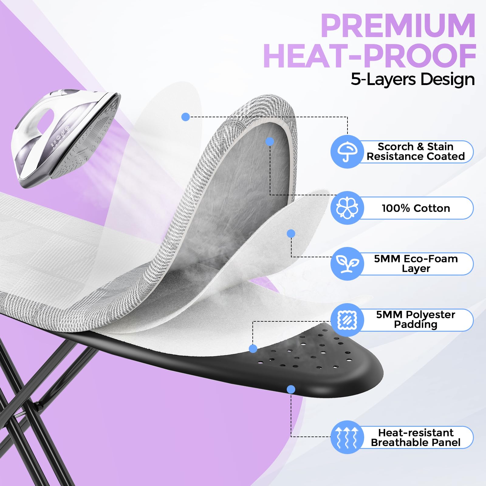 Foldable 7 Level Heigh Adjustable Ironing Board with Iron Rest