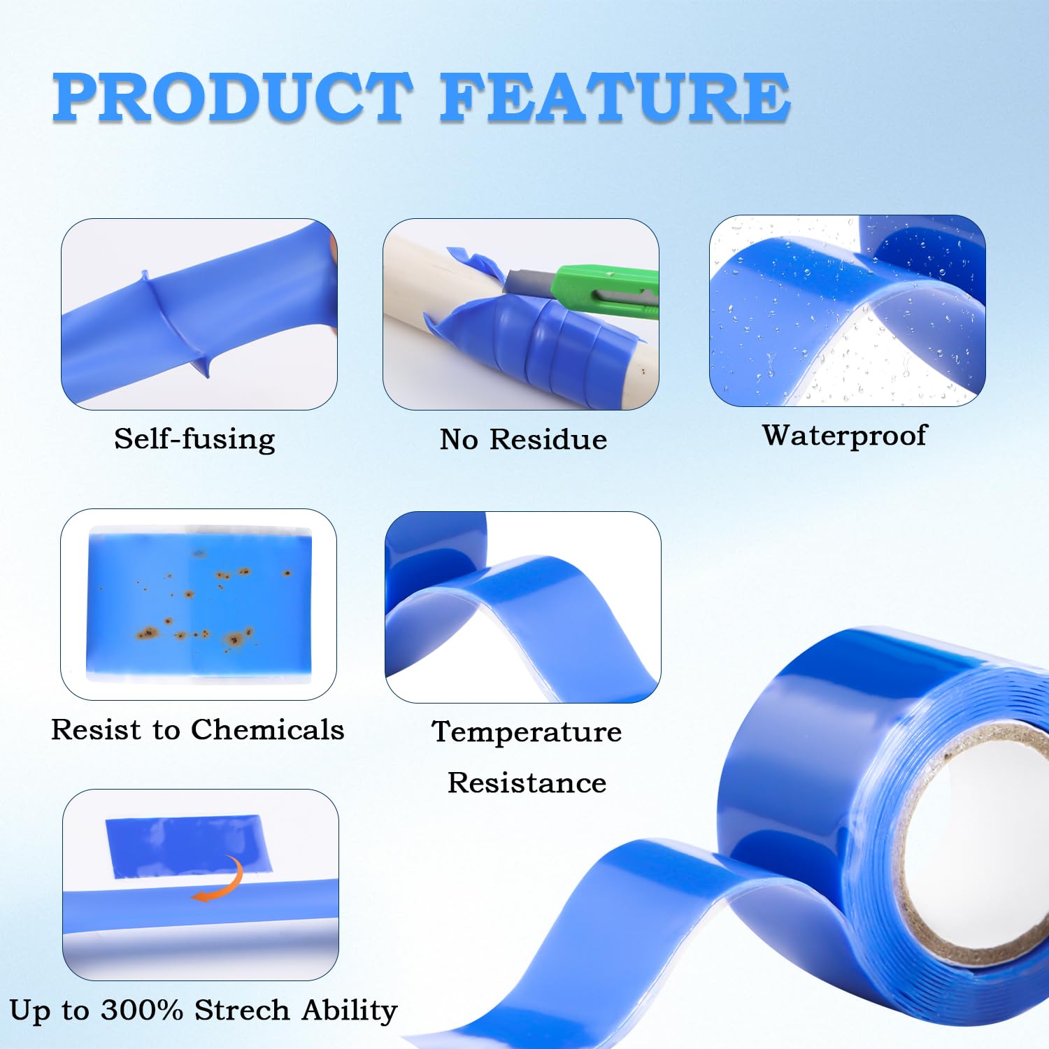 Self Fusing Silicone Tape 1 in x 5' Blue Waterproof Rubber Leak Proof Sealing Silicone Rubber Self
