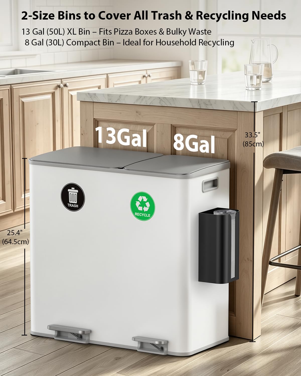 Dual Trash and Recycling Bins for Kitchen (2 Count)