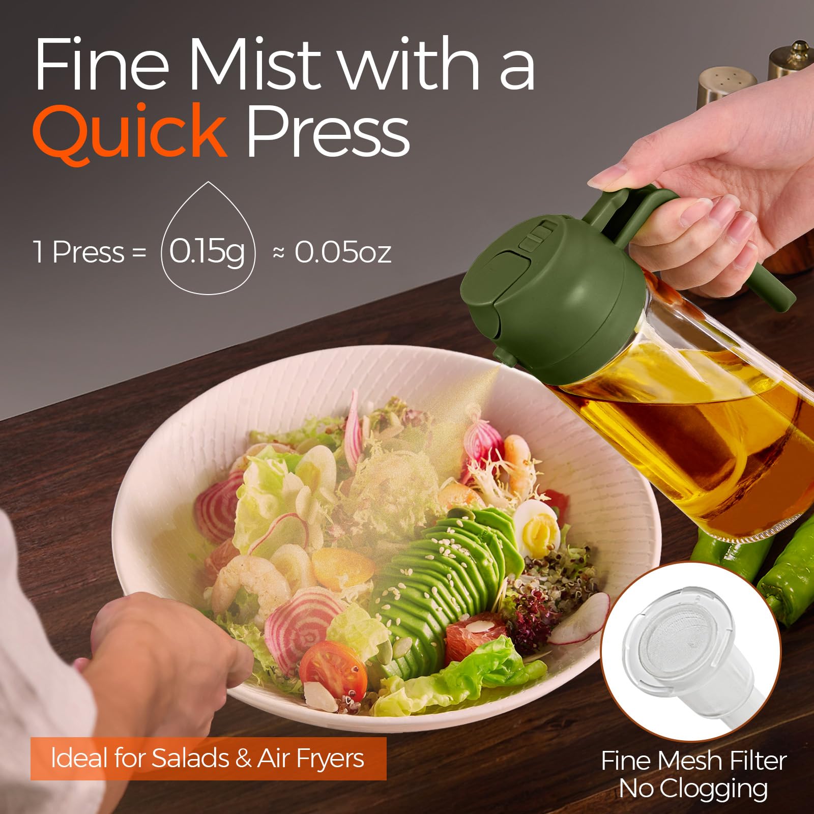 16 oz 2-in-1 Glass Olive Oil Sprayer for Cooking, OliveGreen