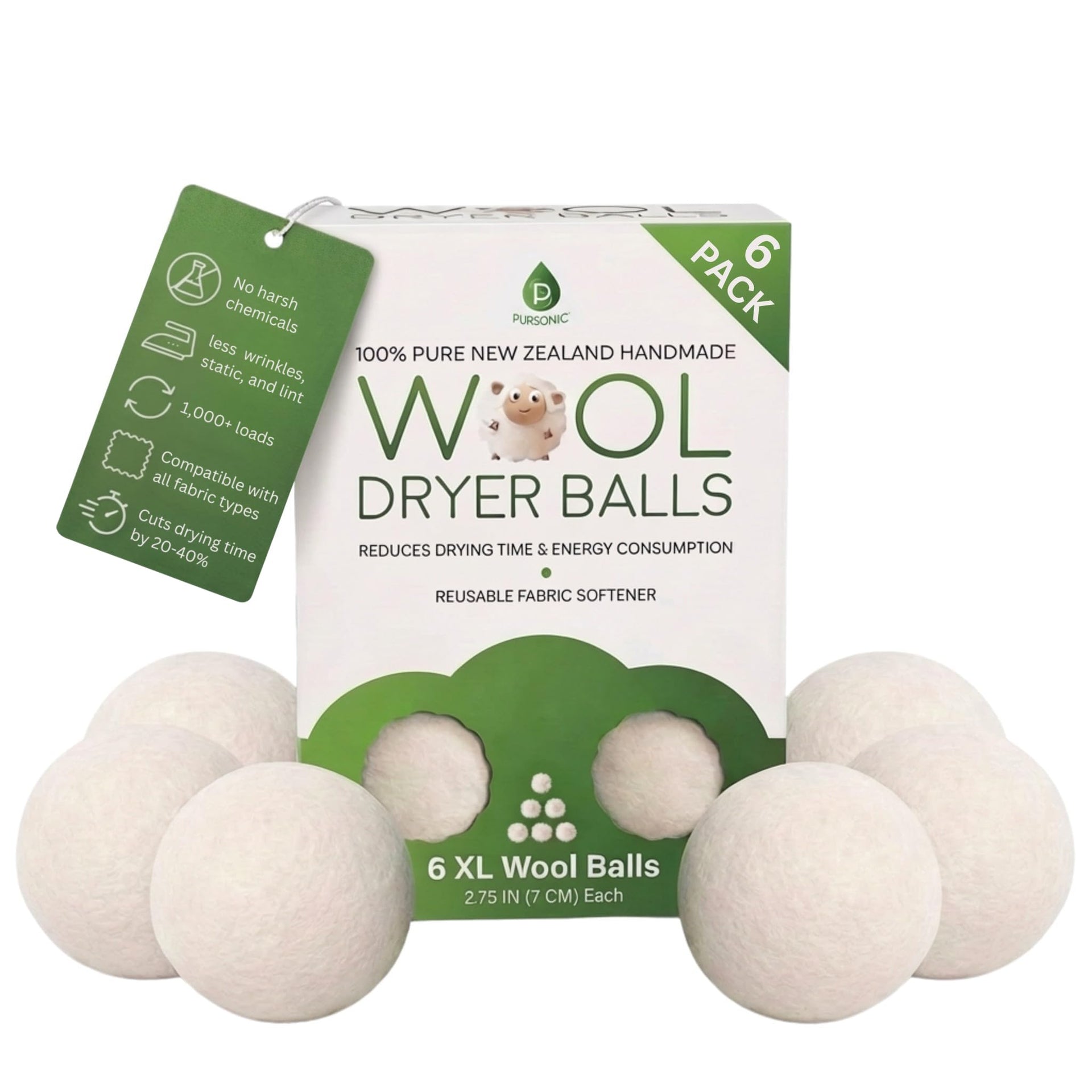 XL Laundry Wool Dryer Balls Made with 100% Pure New Zealand Wool (6 Count)