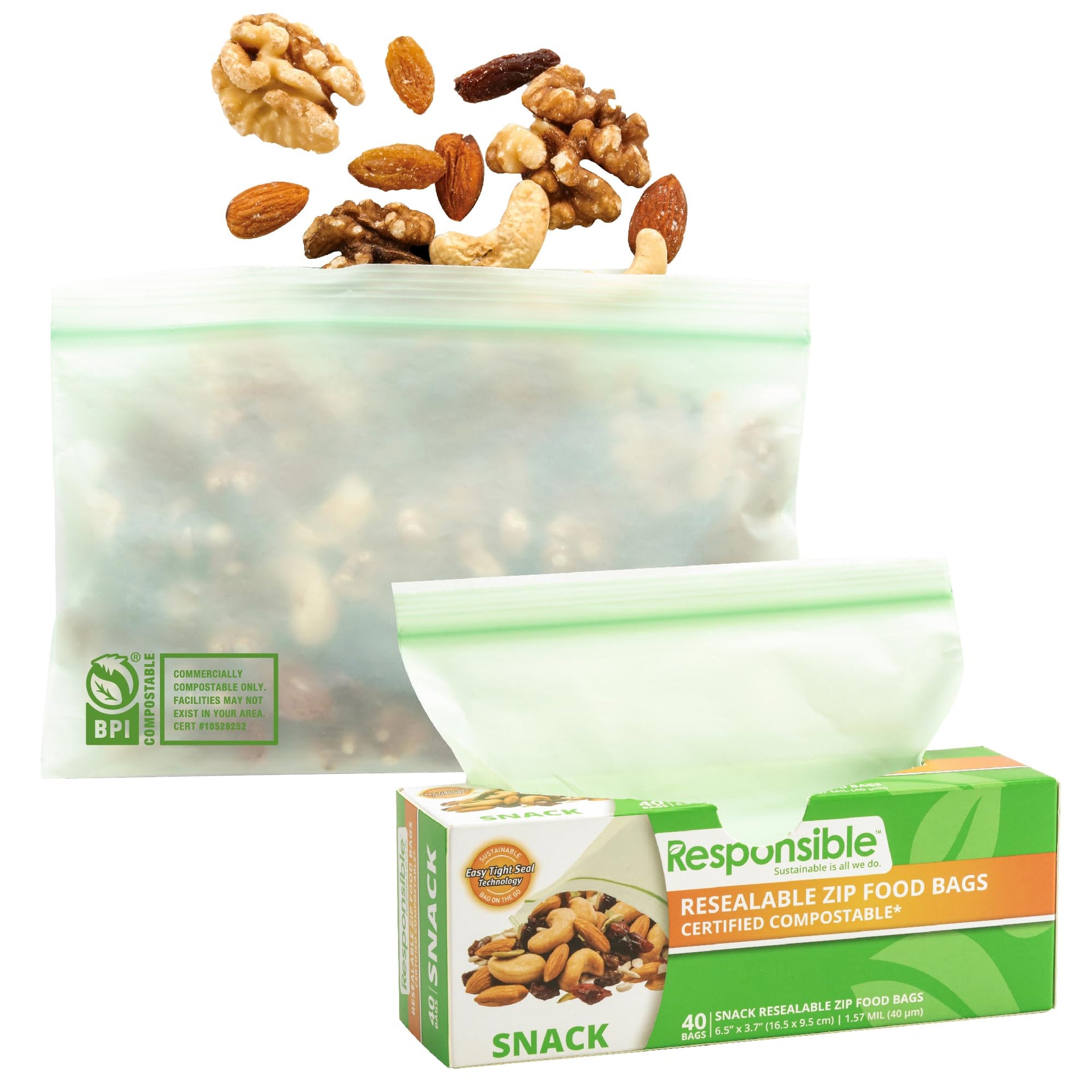 Certified Compostable SNACK Resealable Zip Bag (40 Count)