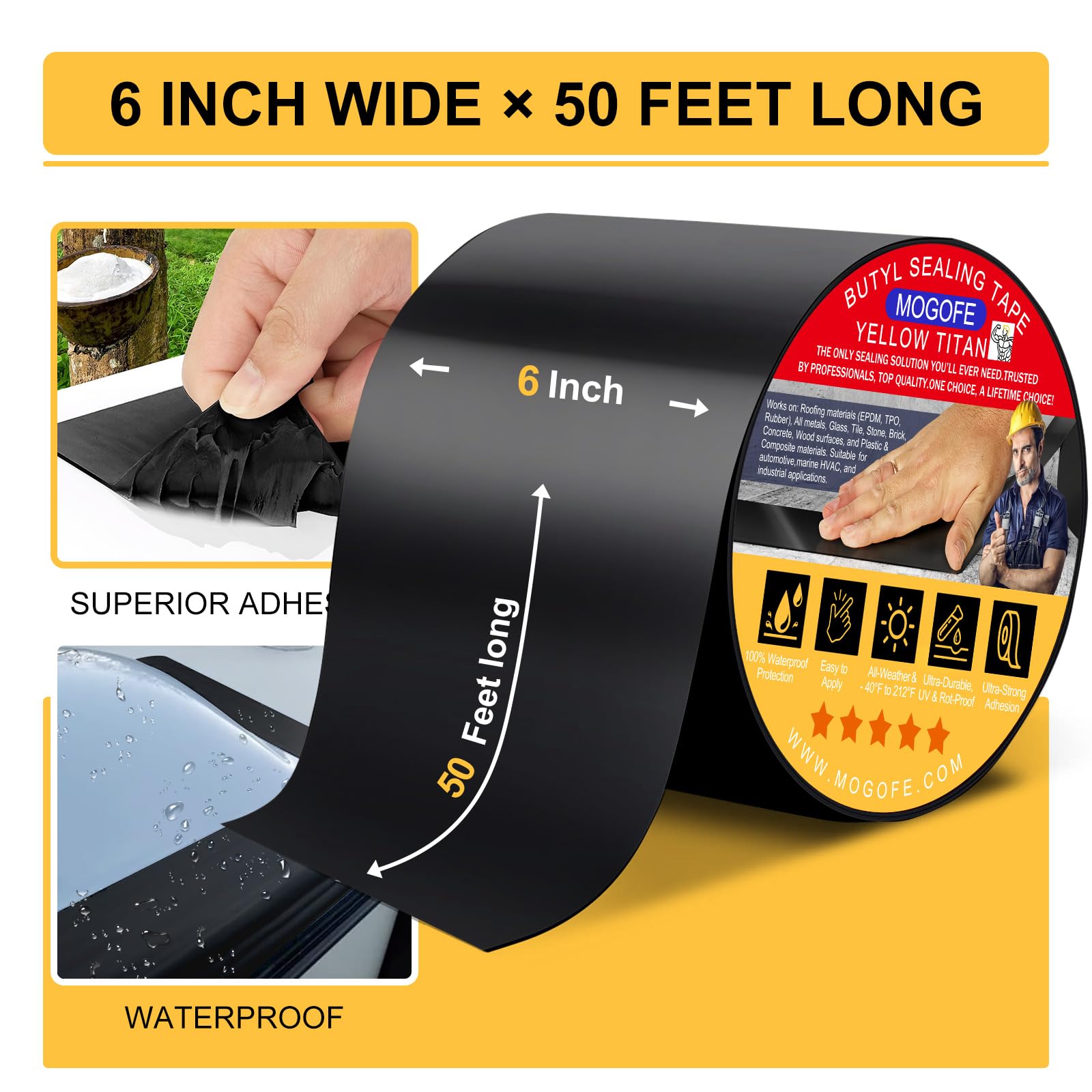 Yellow Titan RV Roof Sealant Tape Black 6 in x 50 ft Waterproof Tape (50 Foot)