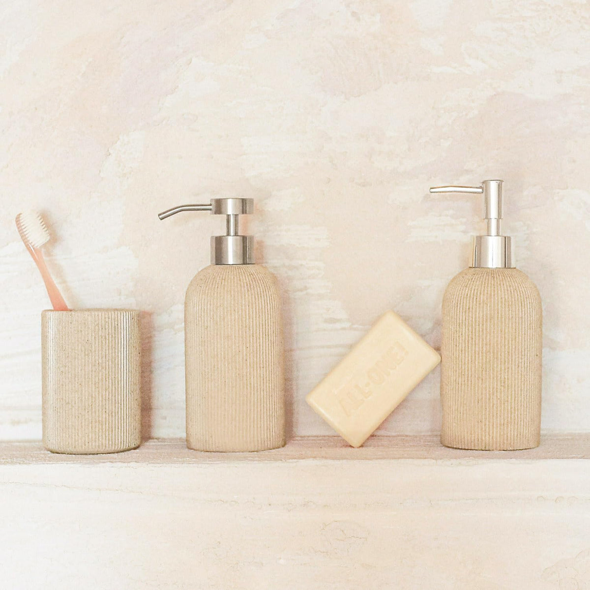 Small Sand Beige Toothbrush Holder for Bathroom Countertop