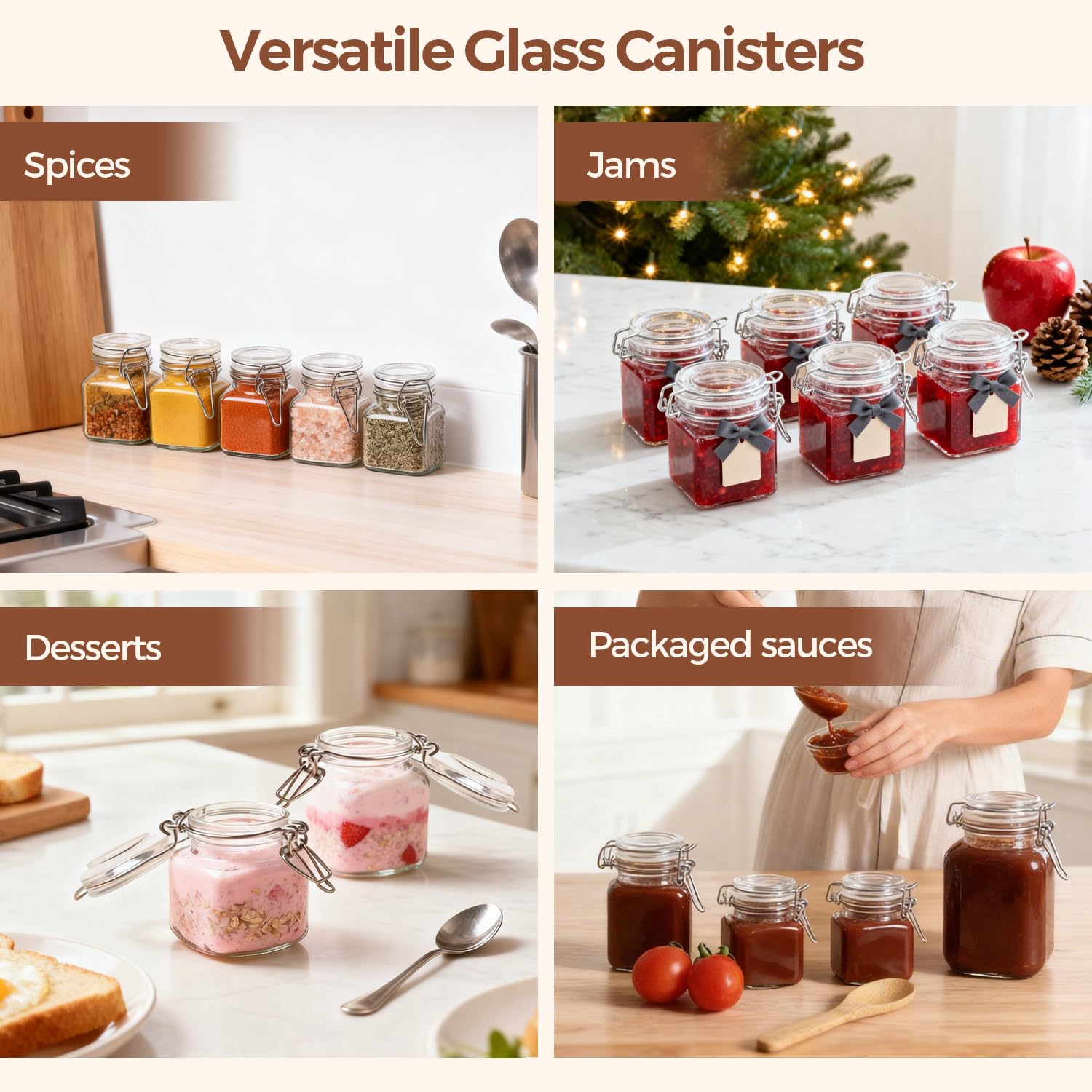 Square Small Glass Spice Jars with Airtight Lids 4 oz 6 Pack Pantry (6 Count)