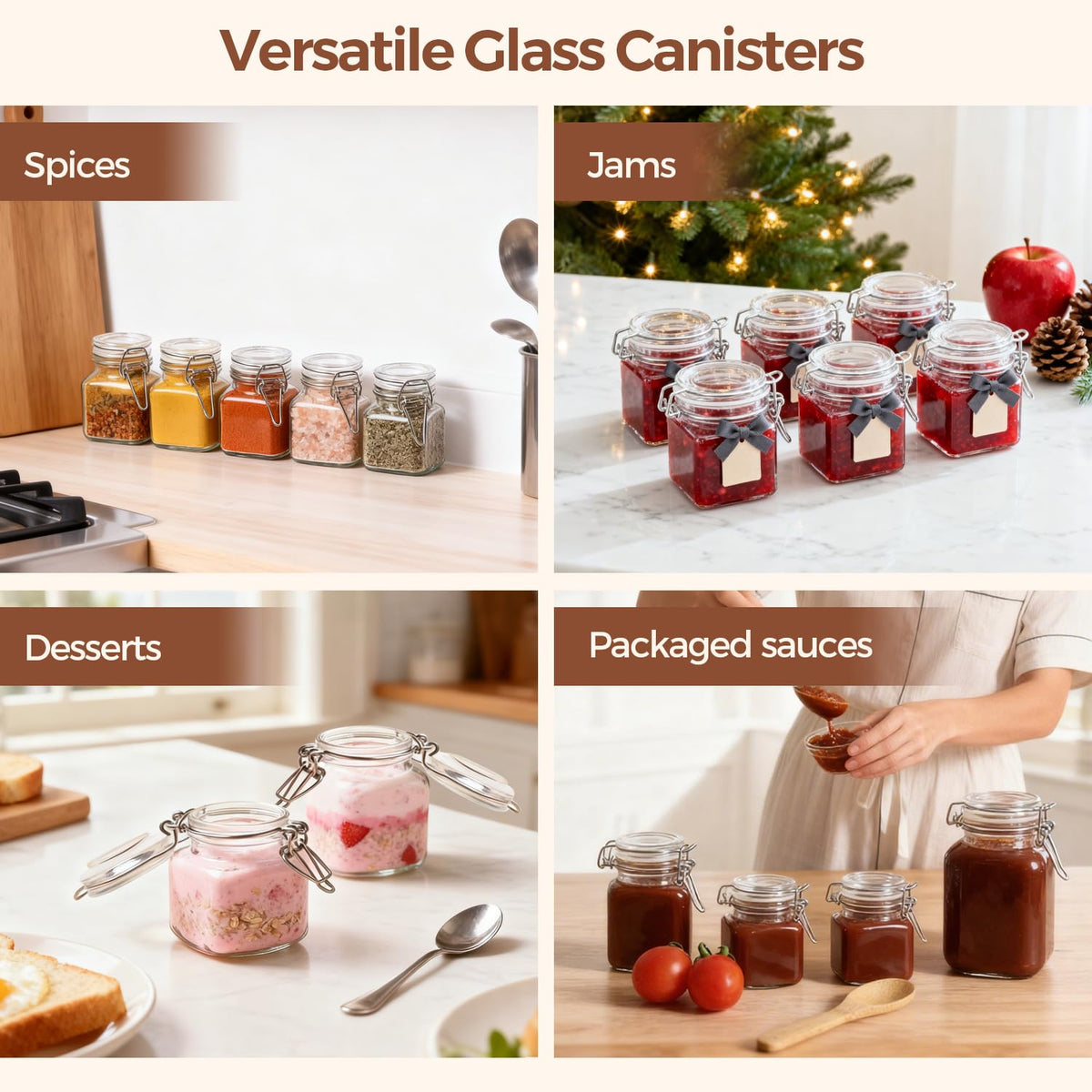 Square Small Glass Spice Jars with Airtight Lids 4 oz 6 Pack Pantry (6 Count)