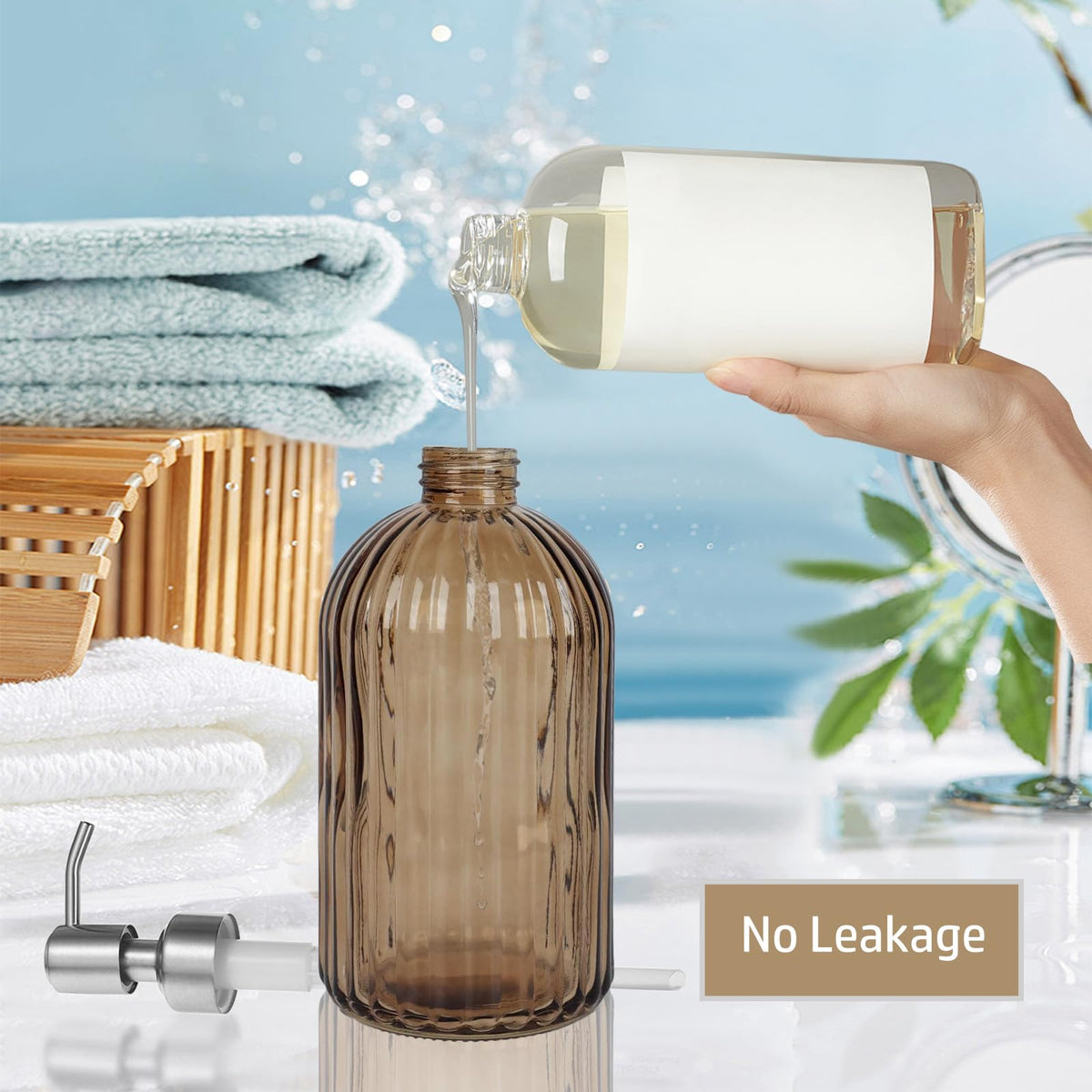 14Oz Brown Glass Soap Dispenser Bathroom