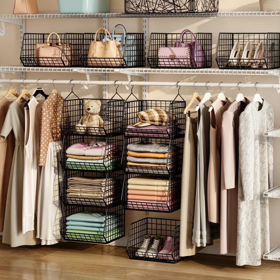 4 Tier Hanging Closet Organizer Foldable Hanging Storage Basket