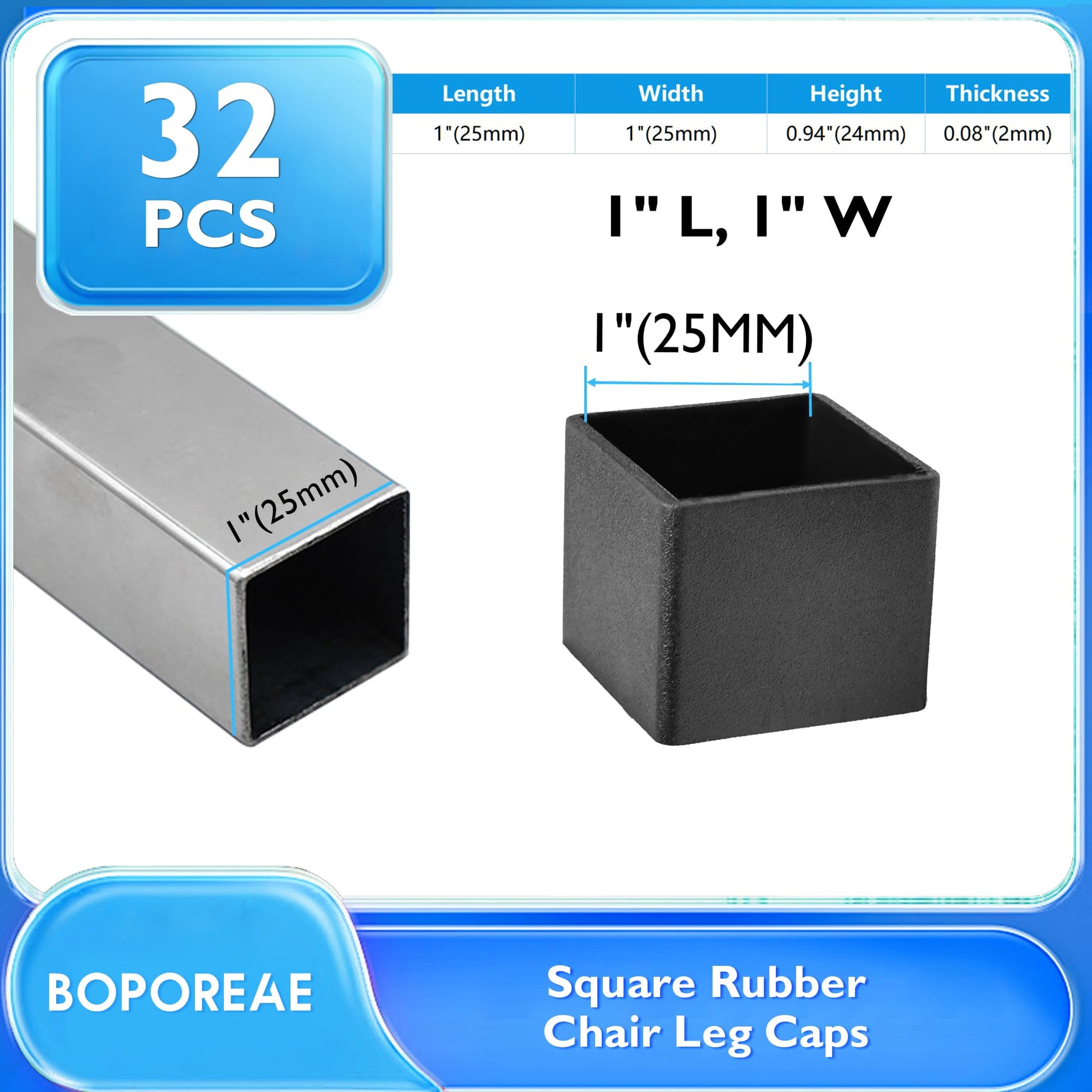 32 Pcs 1" x 1" Black Square Rubber Chair Leg Caps (32 Count)