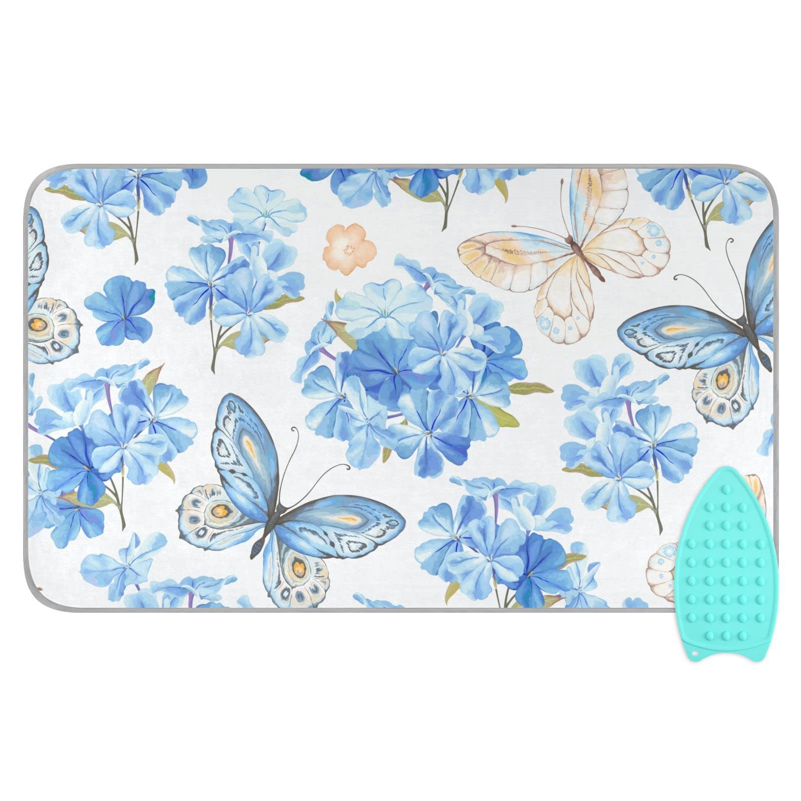 Blue Floral Butterfly Ironing Mat Portable Ironing Pad Blanket with Silicone Iron Rest for Table Top Travel Heat Resistant Double
