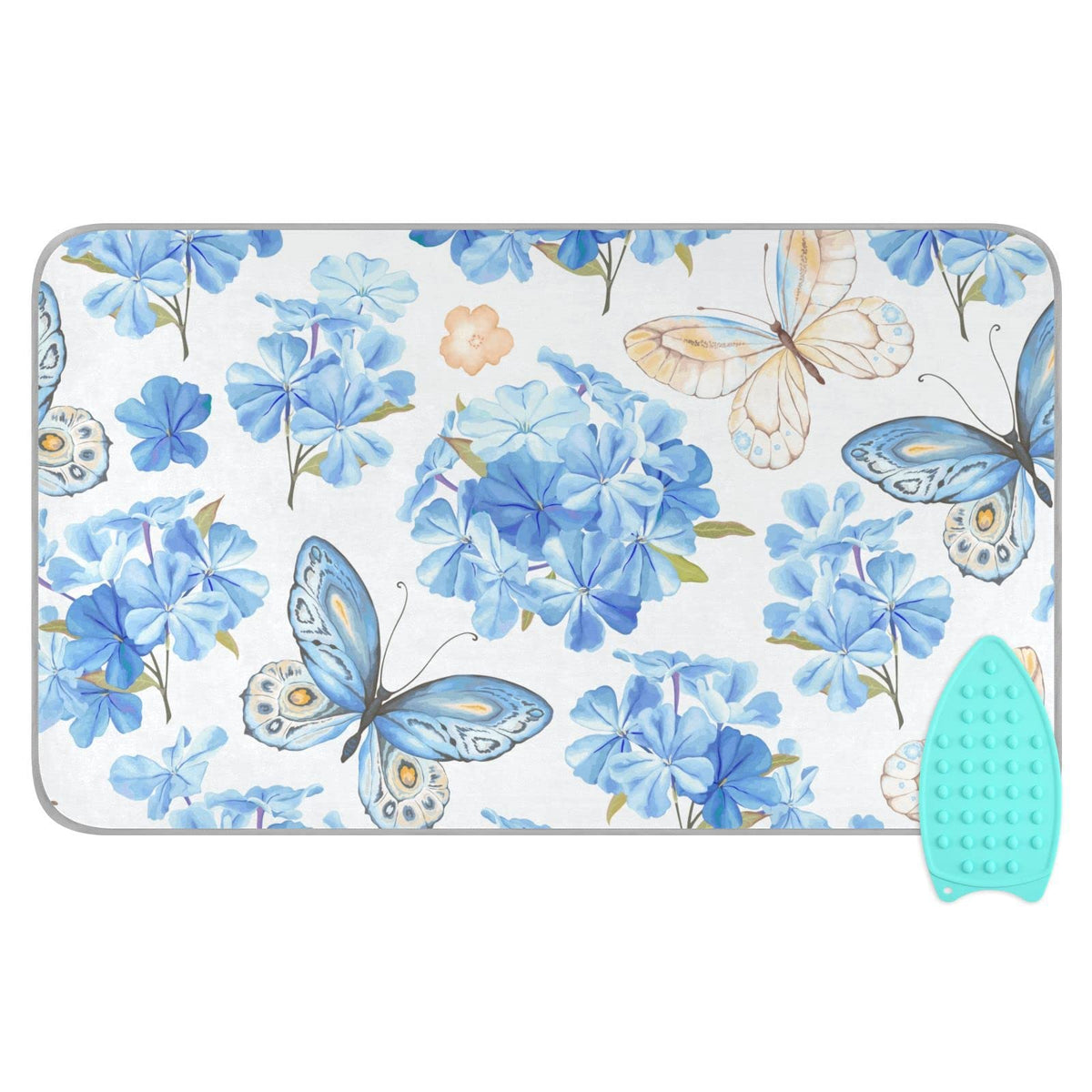 Blue Floral Butterfly Ironing Mat Portable Ironing Pad Blanket with Silicone Iron Rest for Table Top Travel Heat Resistant Double