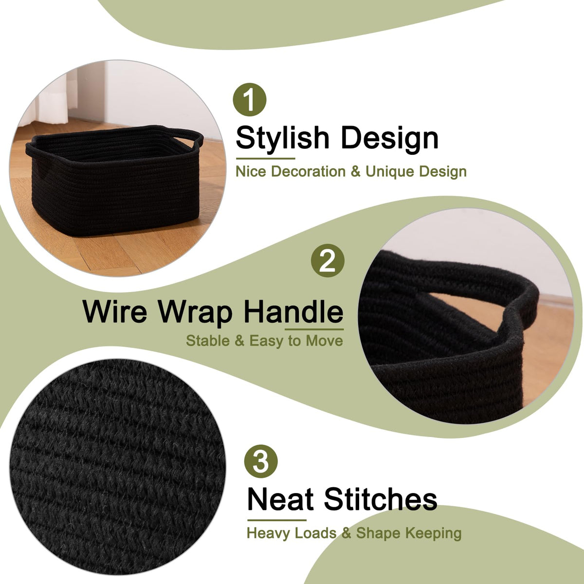 3 Pack Storage Baskets for Shelves Cotton Rope Storage Bins Black (3 Count)