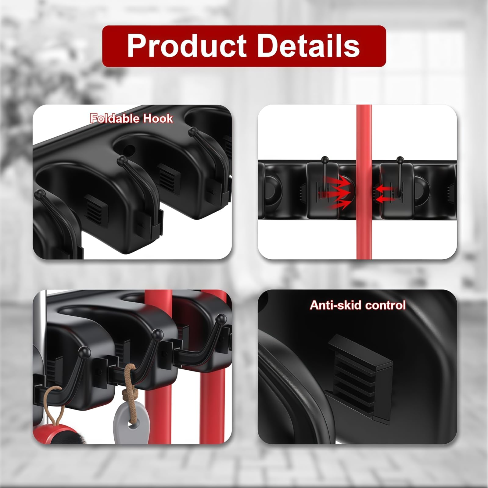 Broom Holder Wall Mount with Hooks & Slots