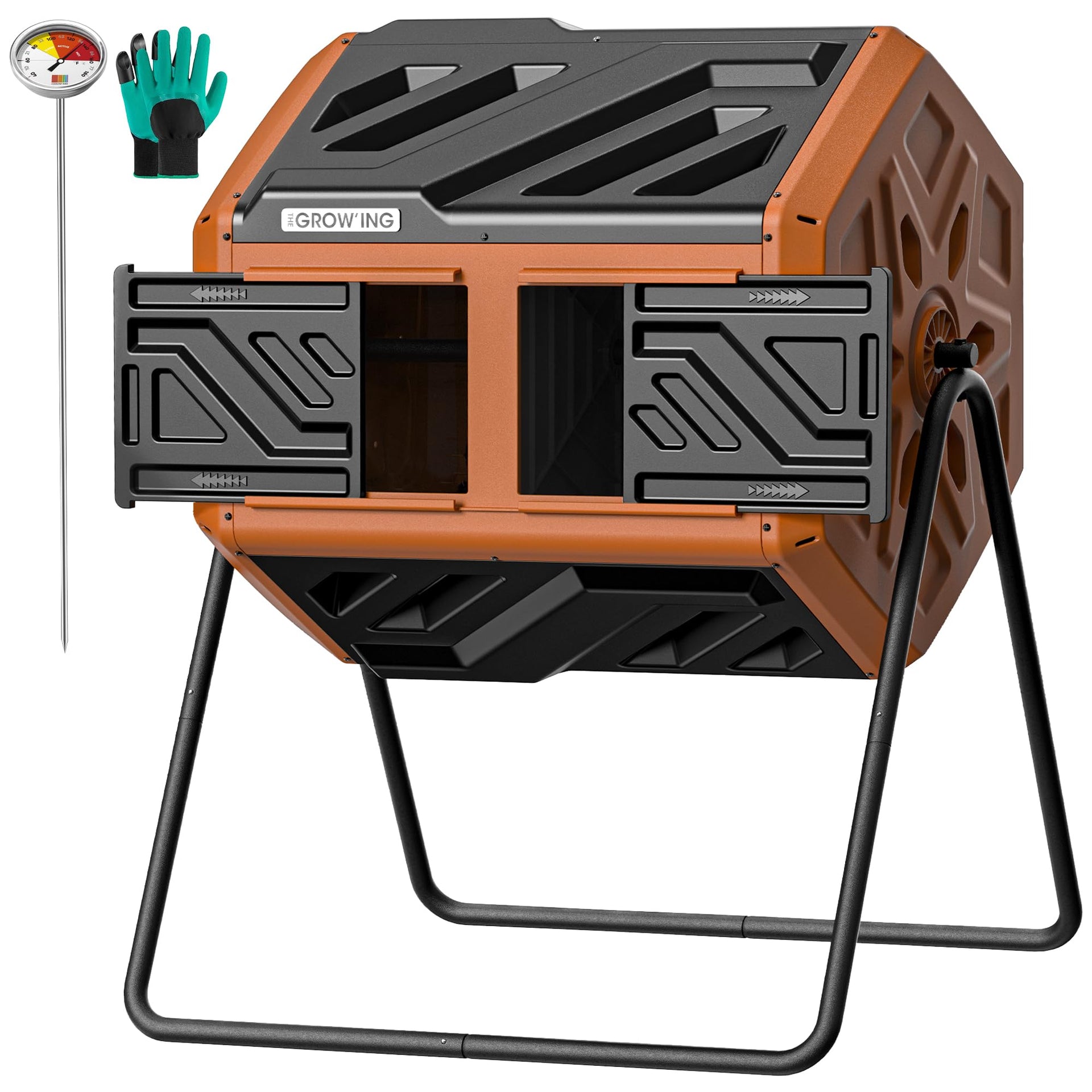 THE Growing 43 Gal Outdoor Compost Bin Tumbler with Thermometer
