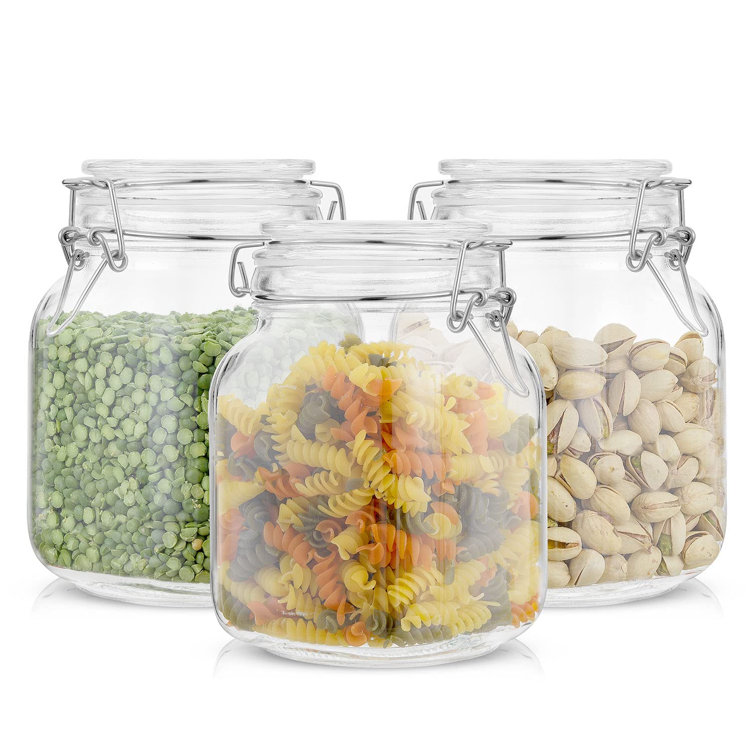 Airtight Glass Jars with Lids Set of 3. 32oz Glass Jar with Lid and 6 Silicone Seals! Med Glass Food Storage Containers. Square Mason Jar (3 Count)
